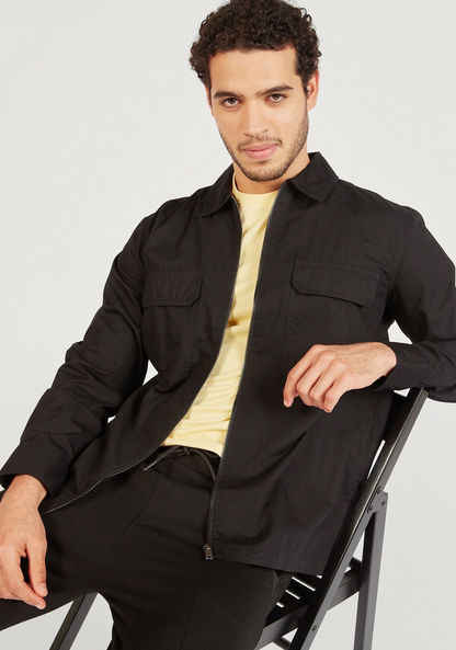 Solid Zip Through Shirt with Long Sleeves and Pockets-Shirts-image-0