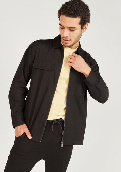 Solid Zip Through Shirt with Long Sleeves and Pockets-Shirts-image-2