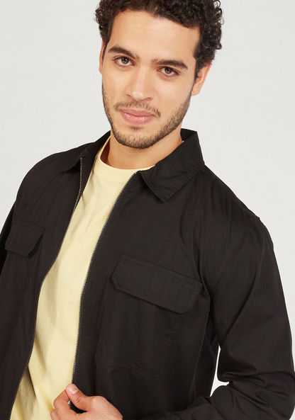 Solid Zip Through Shirt with Long Sleeves and Pockets-Shirts-image-4