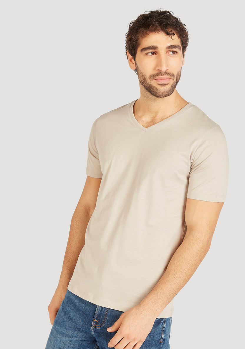 Solid V-neck T-shirt with Short Sleeves-T Shirts-image-0