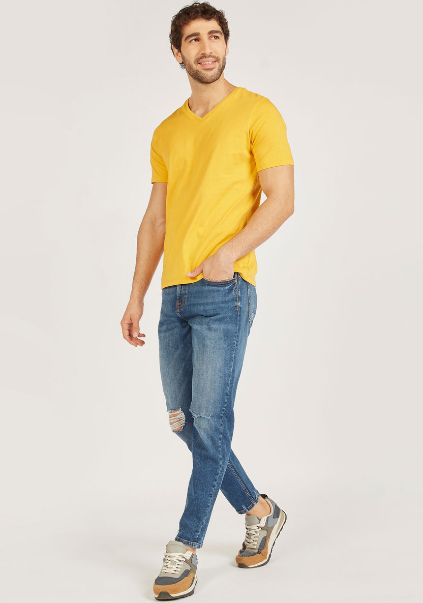 Solid V-neck T-shirt with Short Sleeves-T Shirts-image-1