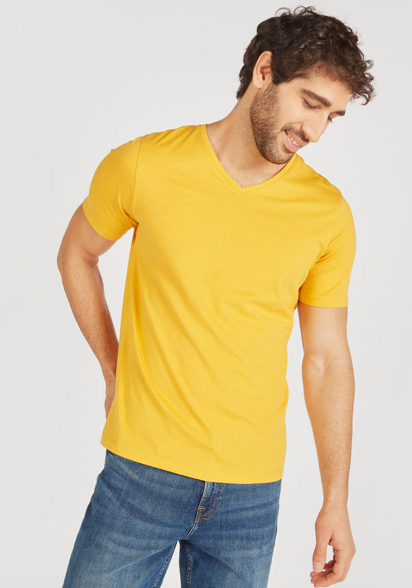Solid V-neck T-shirt with Short Sleeves-T Shirts-image-2