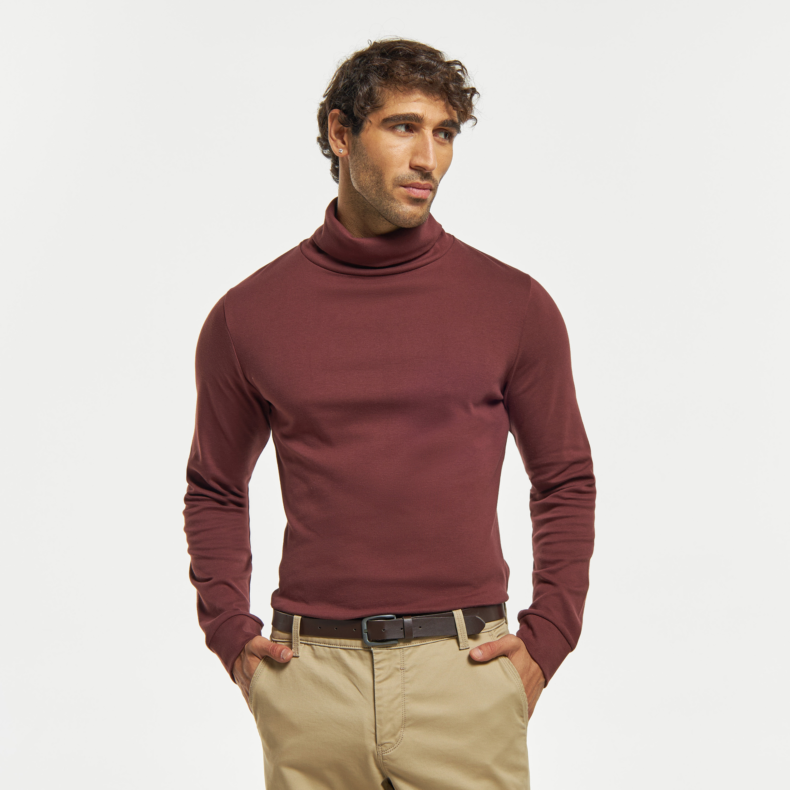 Buy Men s Solid Turtle Neck T shirt with Long Sleeves Online