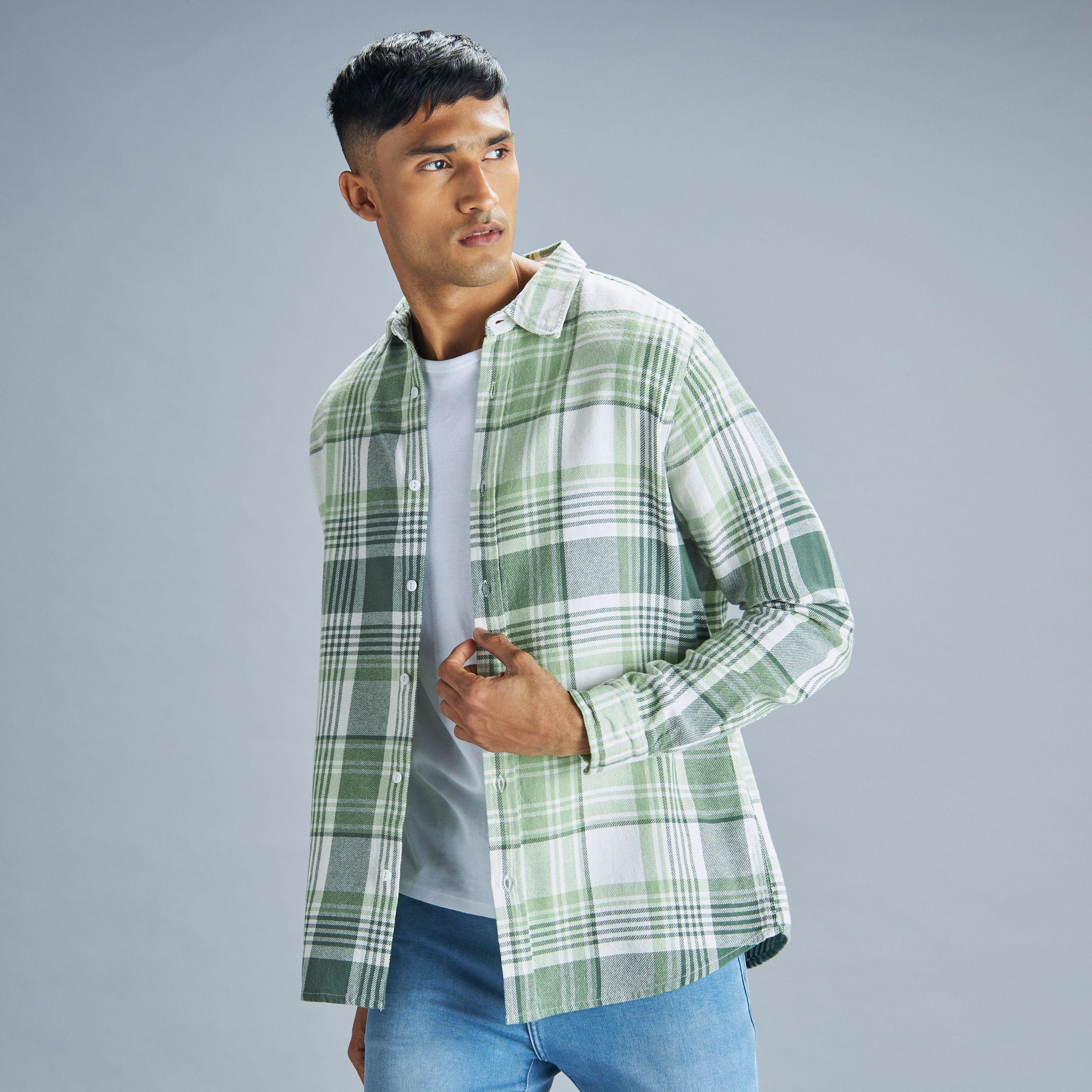 Buy Checked Flannel Shirt with Spread Collar and Long Sleeves ...