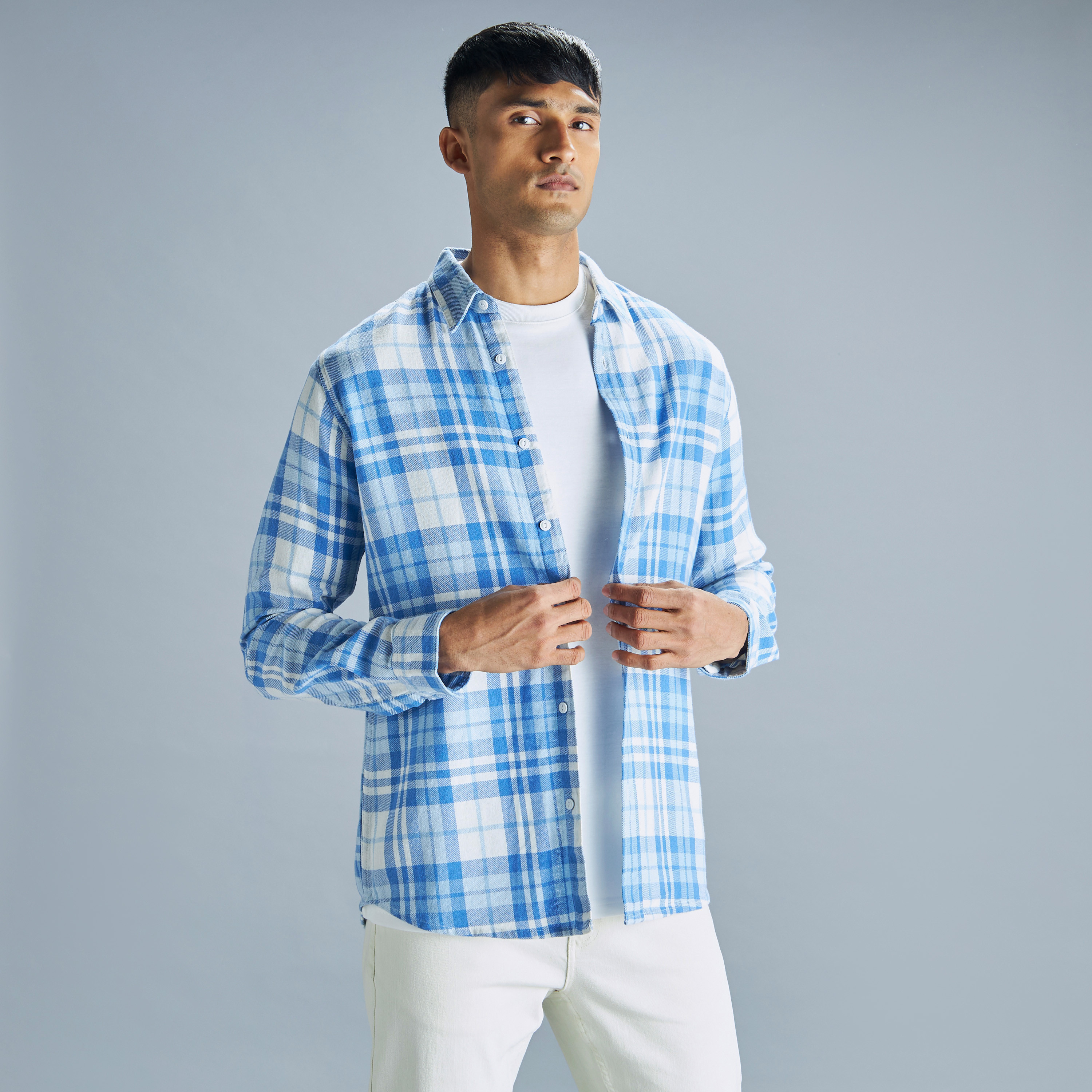 Buy Checked Flannel Shirt with Spread Collar and Long Sleeves ...
