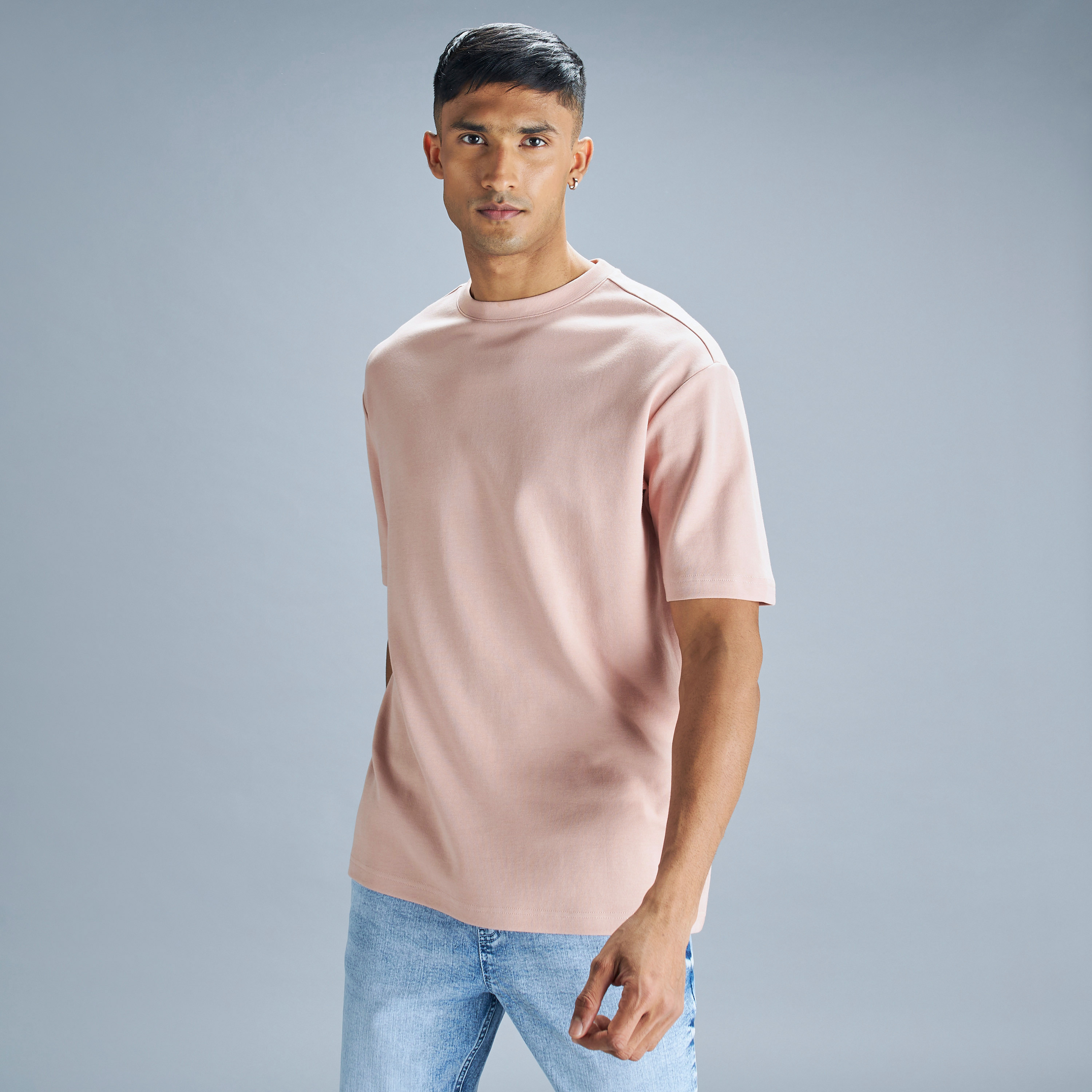 Buy Men s Solid Round Neck T shirt with Drop Shoulder Sleeves