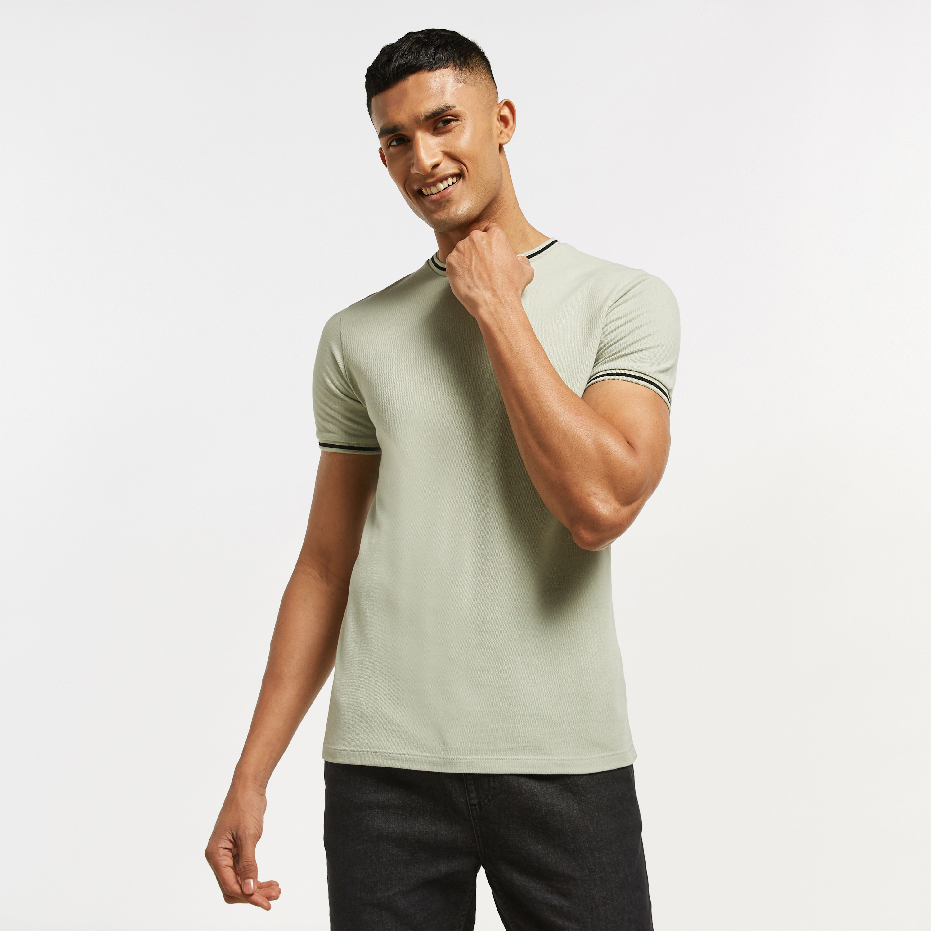 Solid Crew Neck T-shirt with Short Sleeves and Tipping Detail-men-clothing-tshirtsandpolos-tshirts-image-9