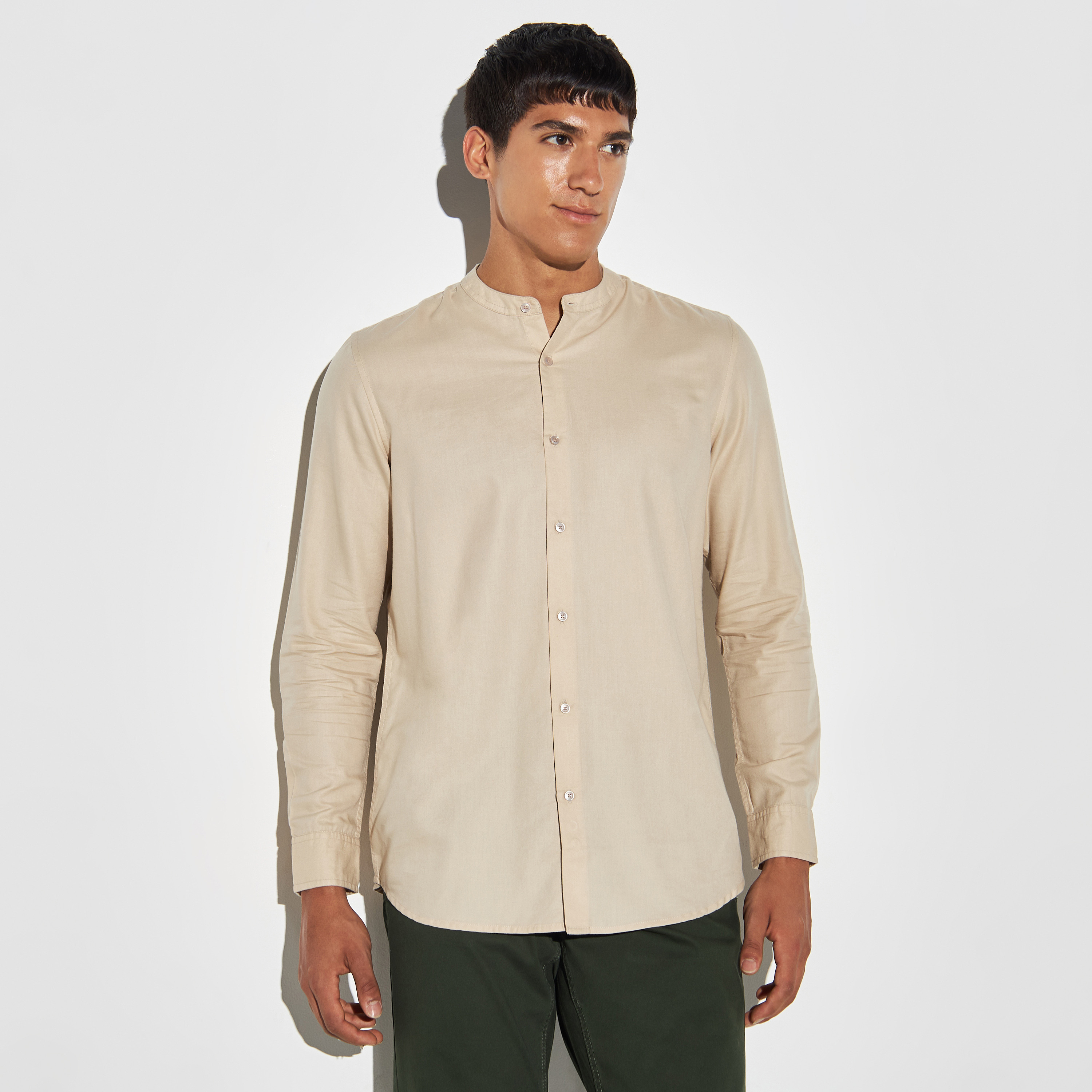 Solid Shirt with Band Collar and Long Sleeves-men-clothing-shirts-image-1