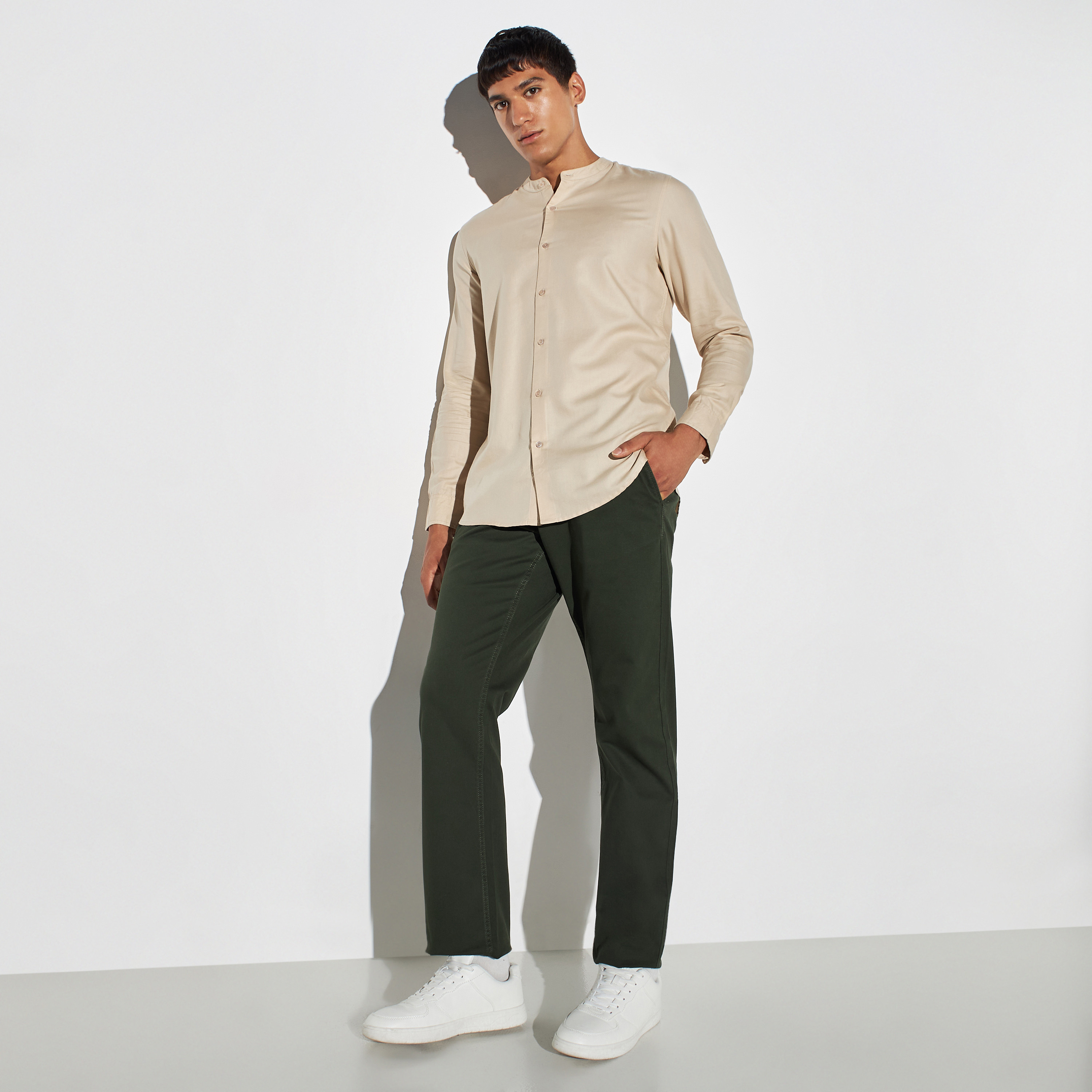 Solid Shirt with Band Collar and Long Sleeves-men-clothing-shirts-image-2