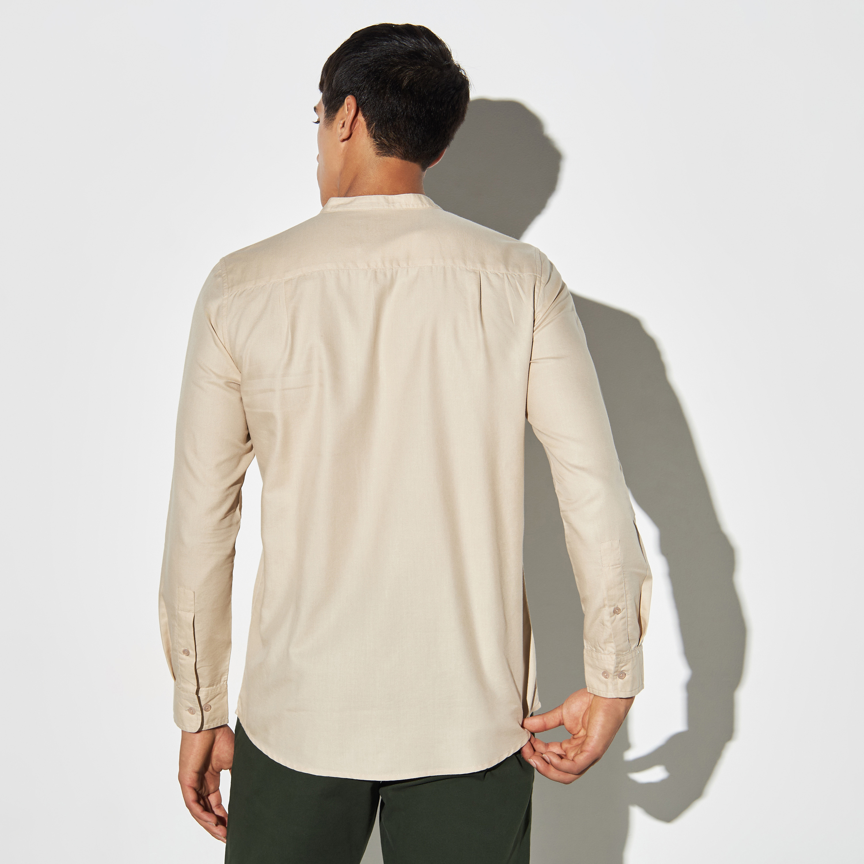 Solid Shirt with Band Collar and Long Sleeves-men-clothing-shirts-image-3