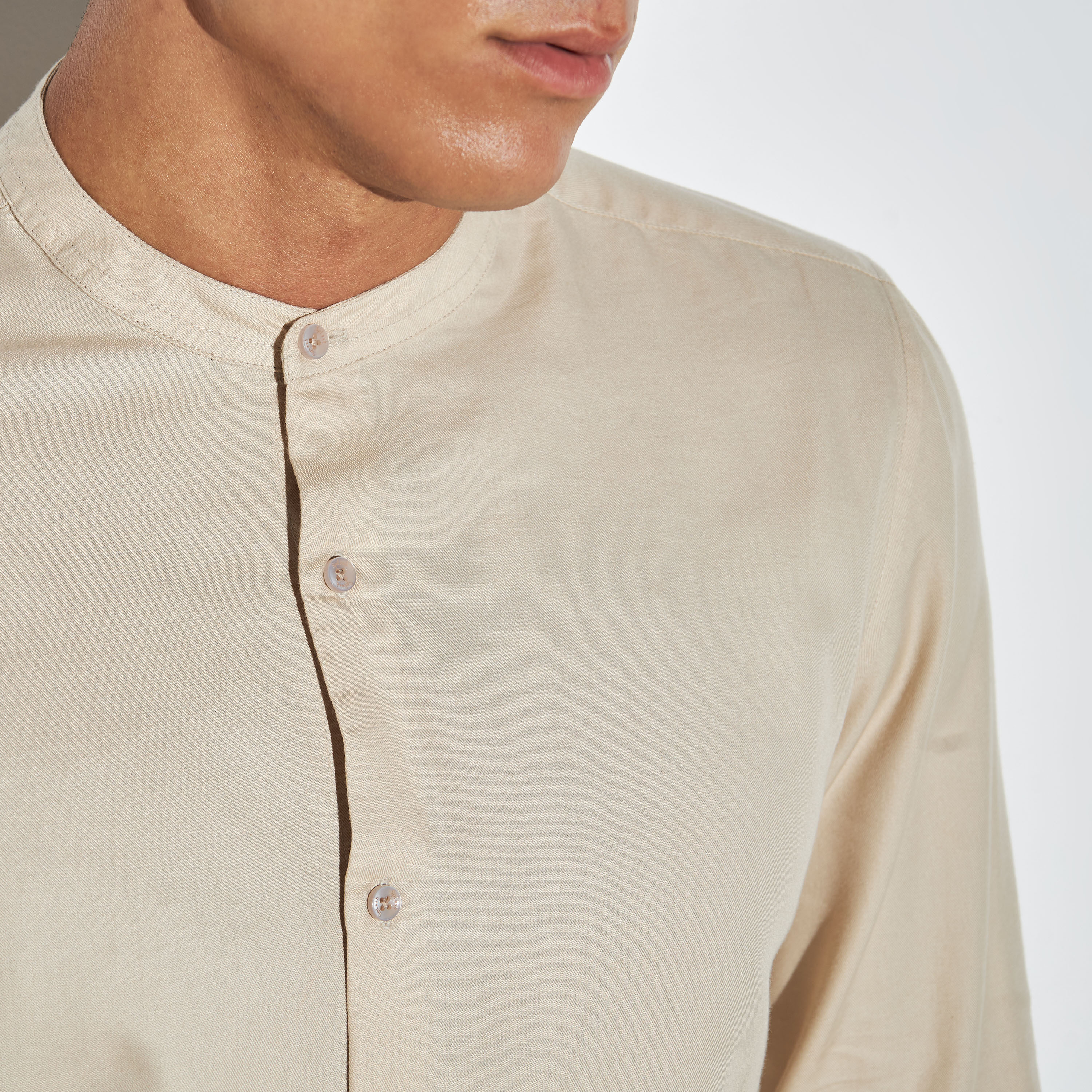 Solid Shirt with Band Collar and Long Sleeves-men-clothing-shirts-image-4