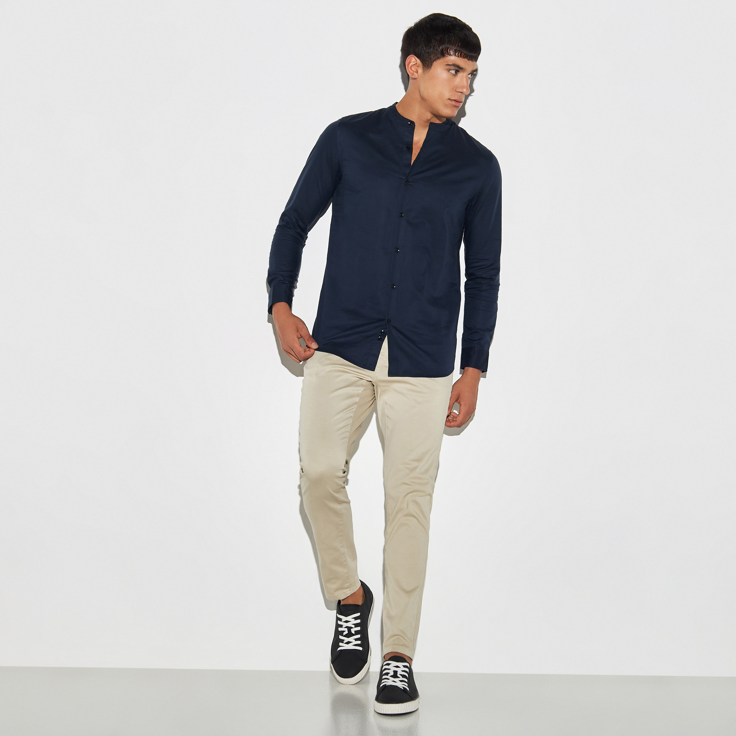 Solid Shirt with Band Collar and Long Sleeves-men-clothing-shirts-image-2