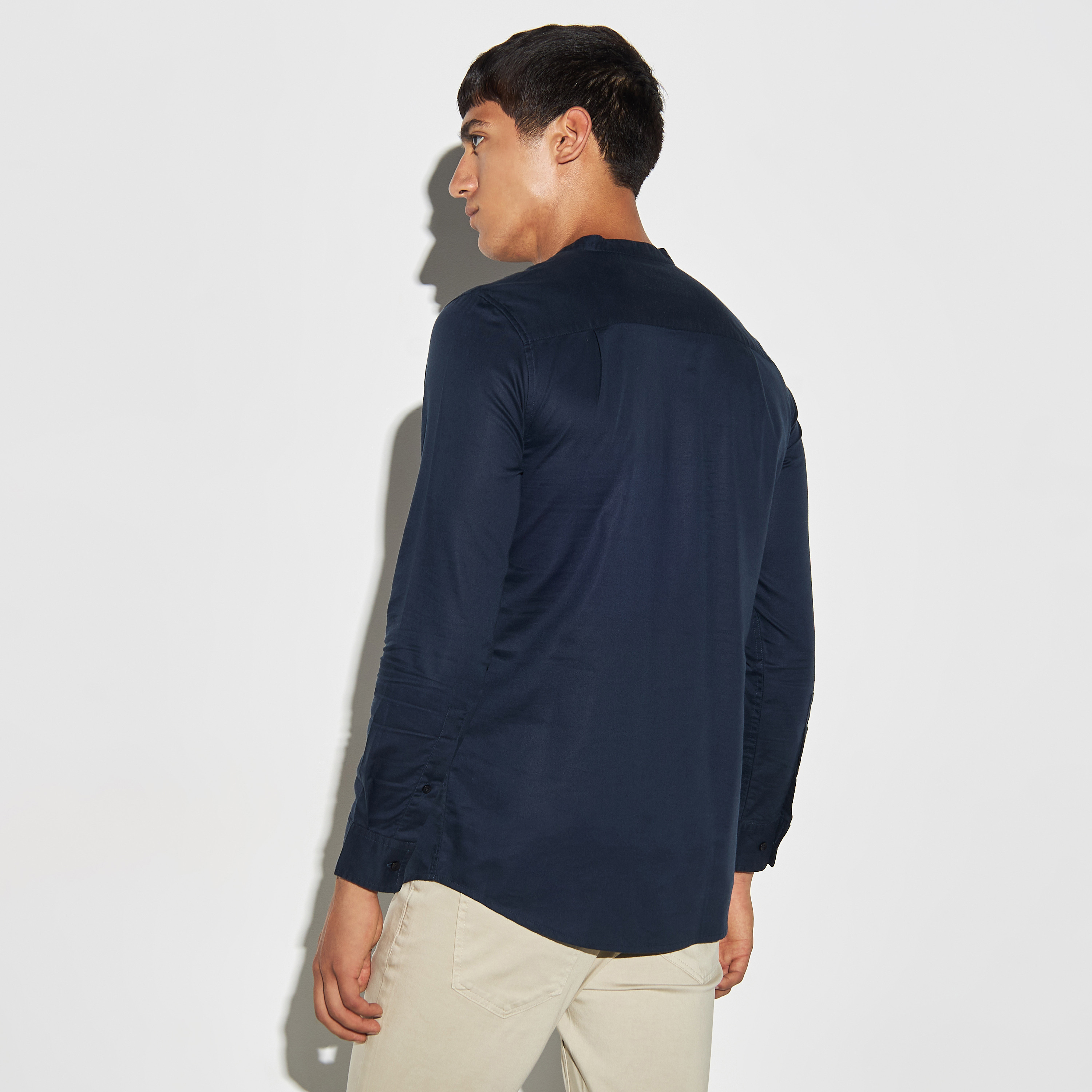 Solid Shirt with Band Collar and Long Sleeves-men-clothing-shirts-image-3