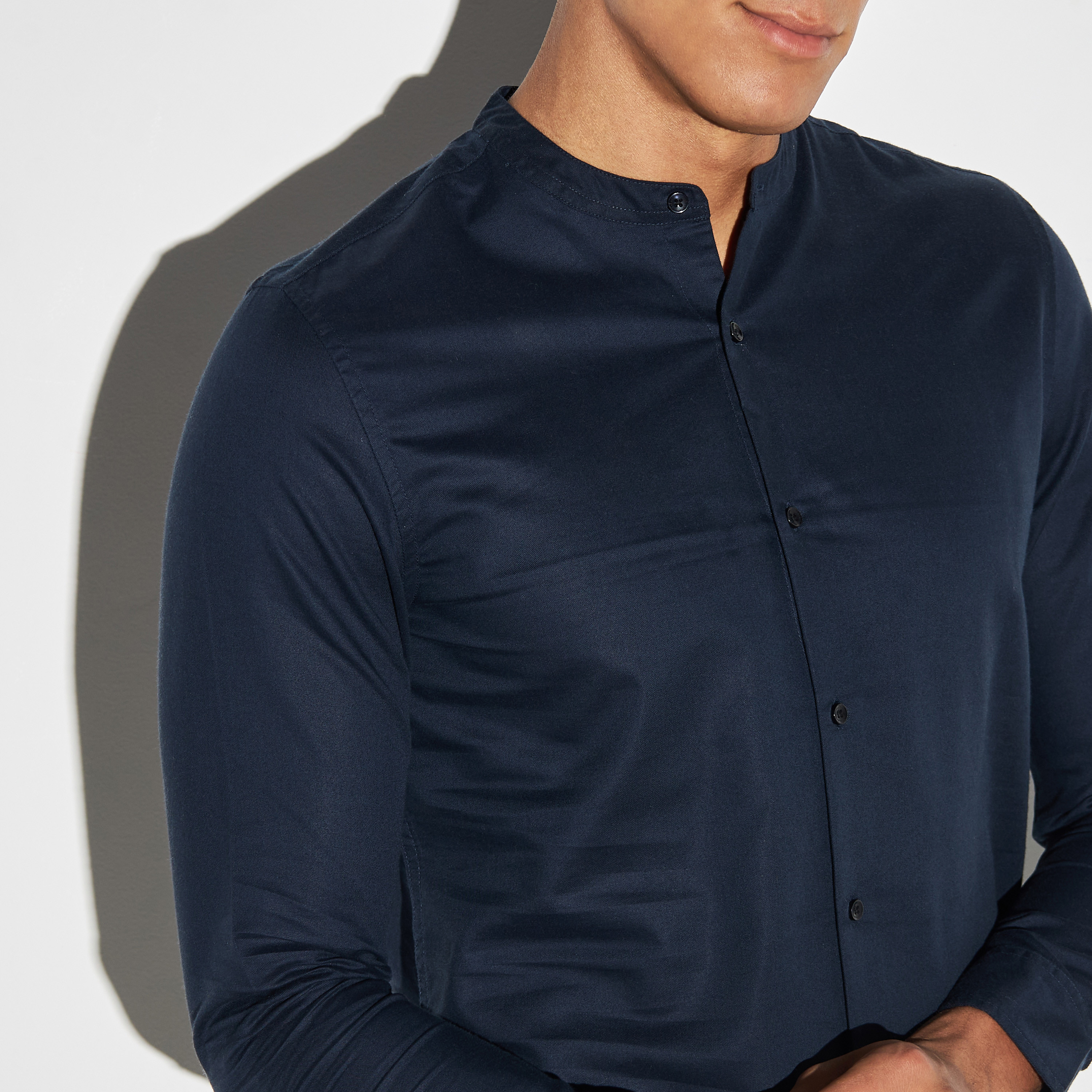 Solid Shirt with Band Collar and Long Sleeves-men-clothing-shirts-image-4
