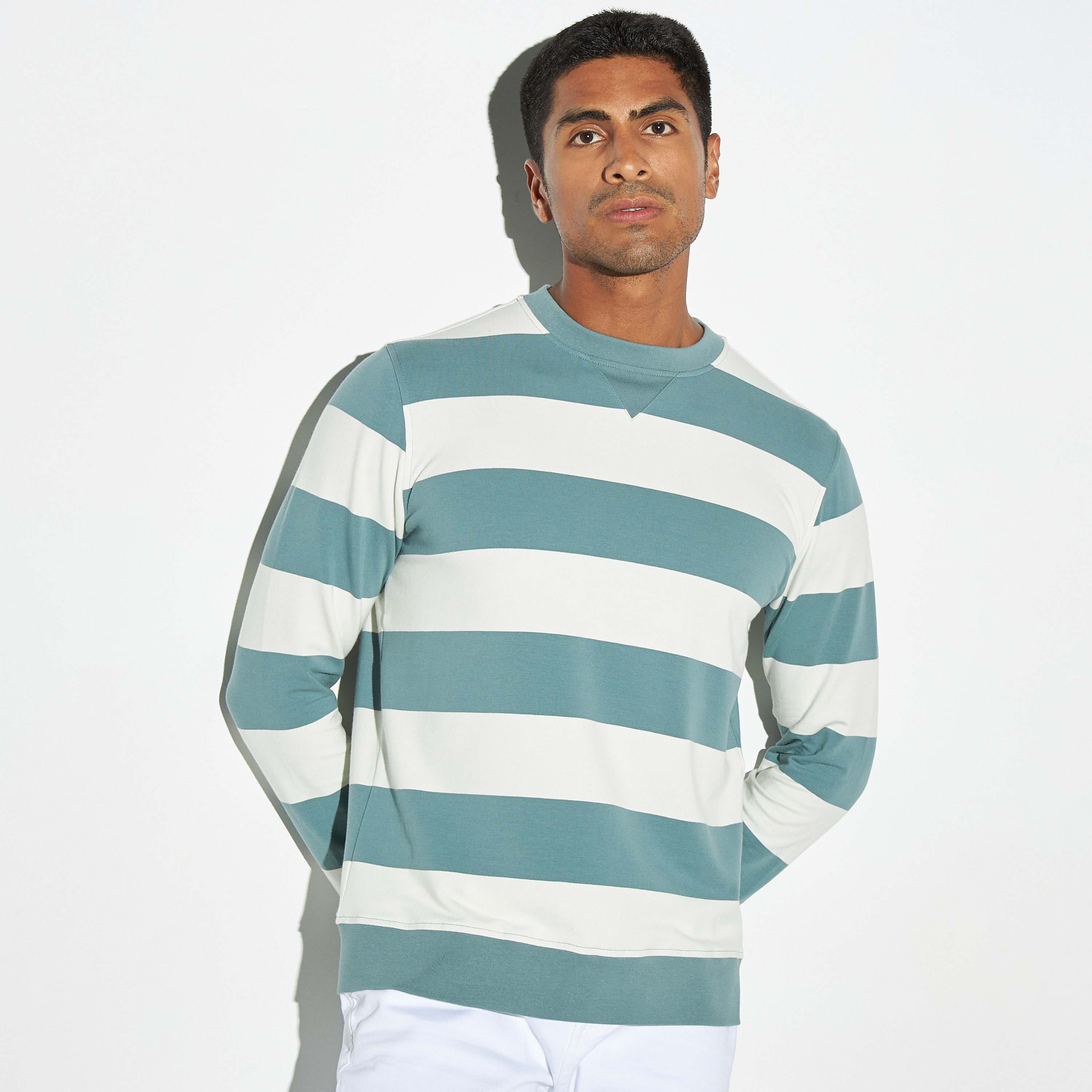 Buy Men s Striped Crew Neck Sweatshirt with Long Sleeves Online Centrepoint KSA