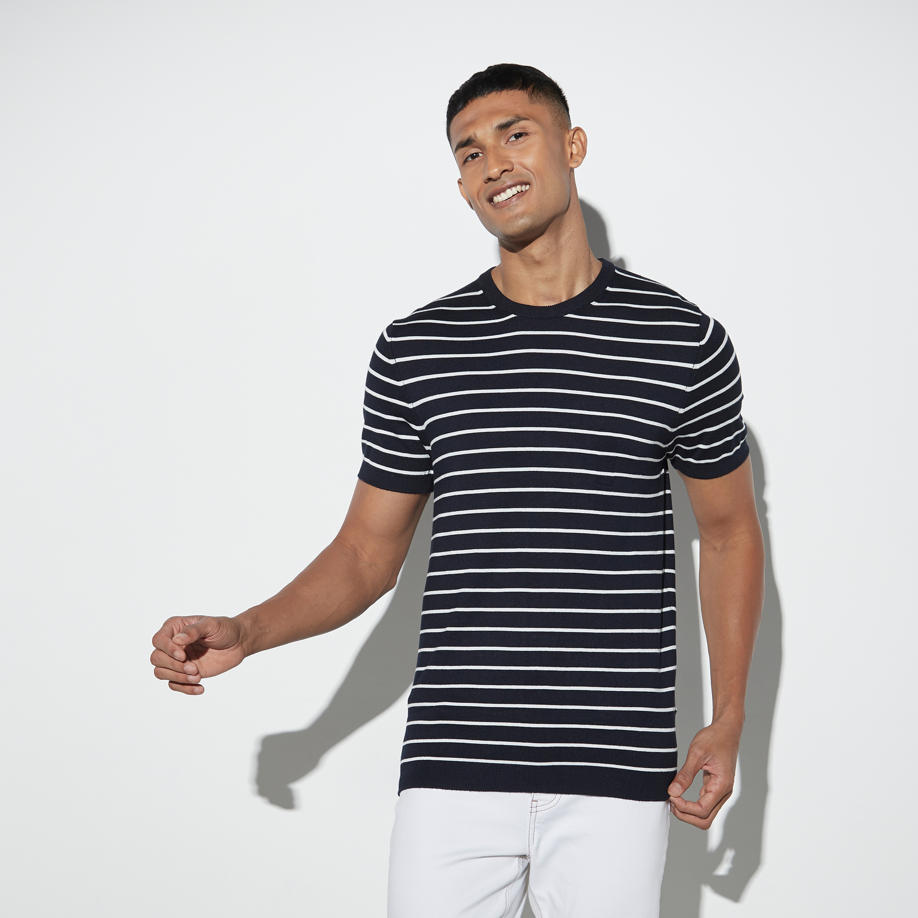 Buy Men s Striped Crew Neck Sweater with Short Sleeves Online Centrepoint Bahrain