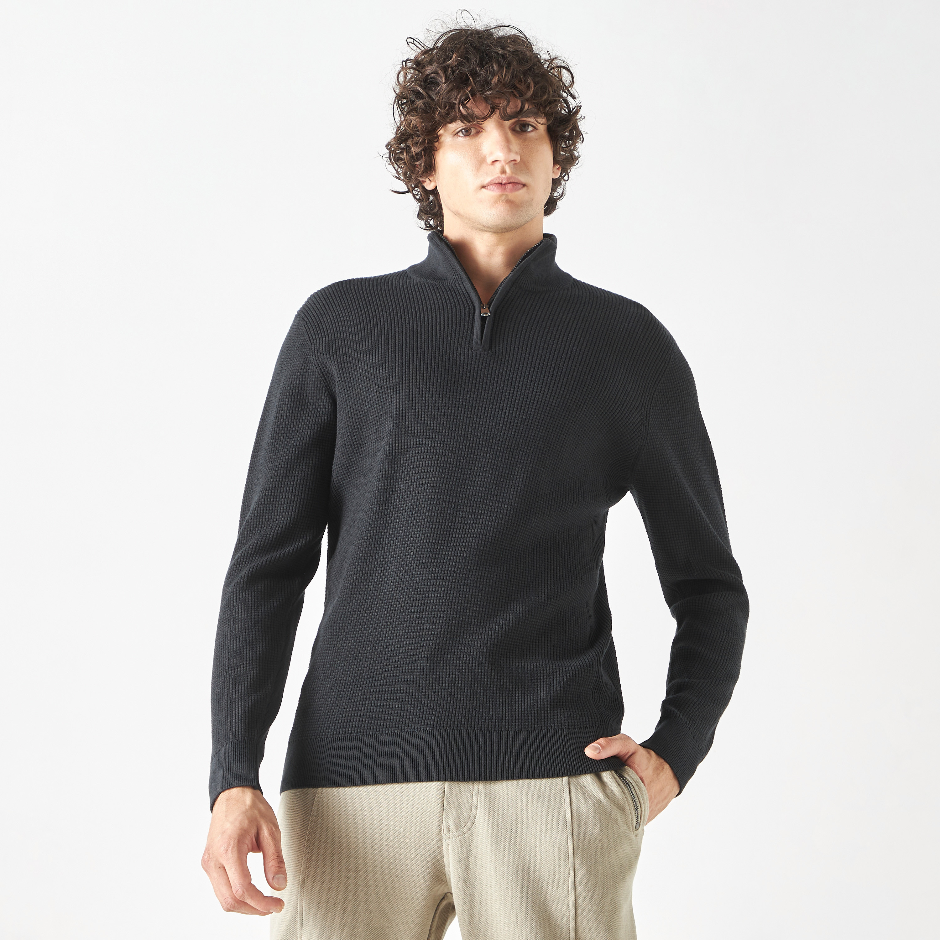Shop Textured High Neck Sweater with Zip Closure Online
