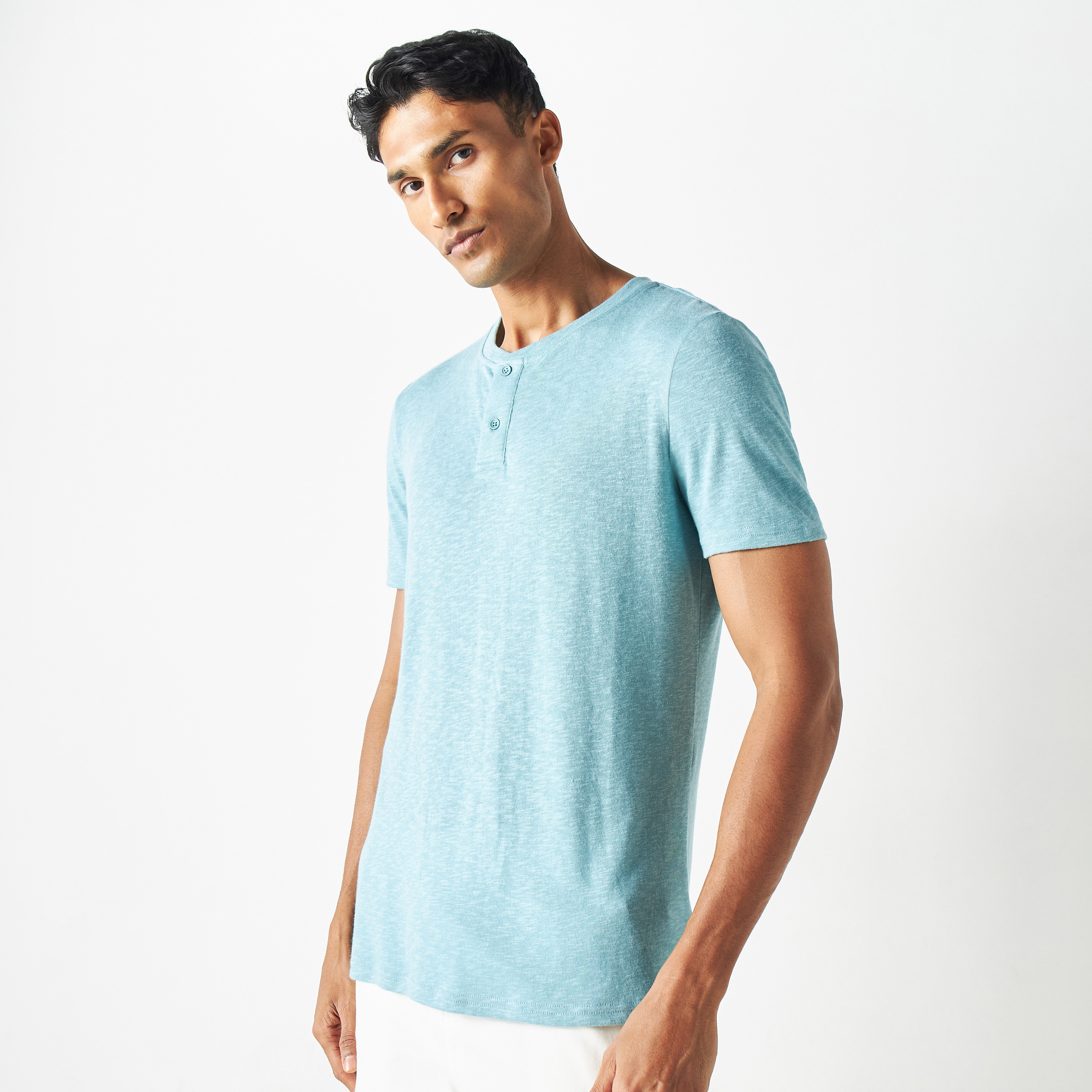 Shop Henley Neck T-shirt with Short Sleeves Online