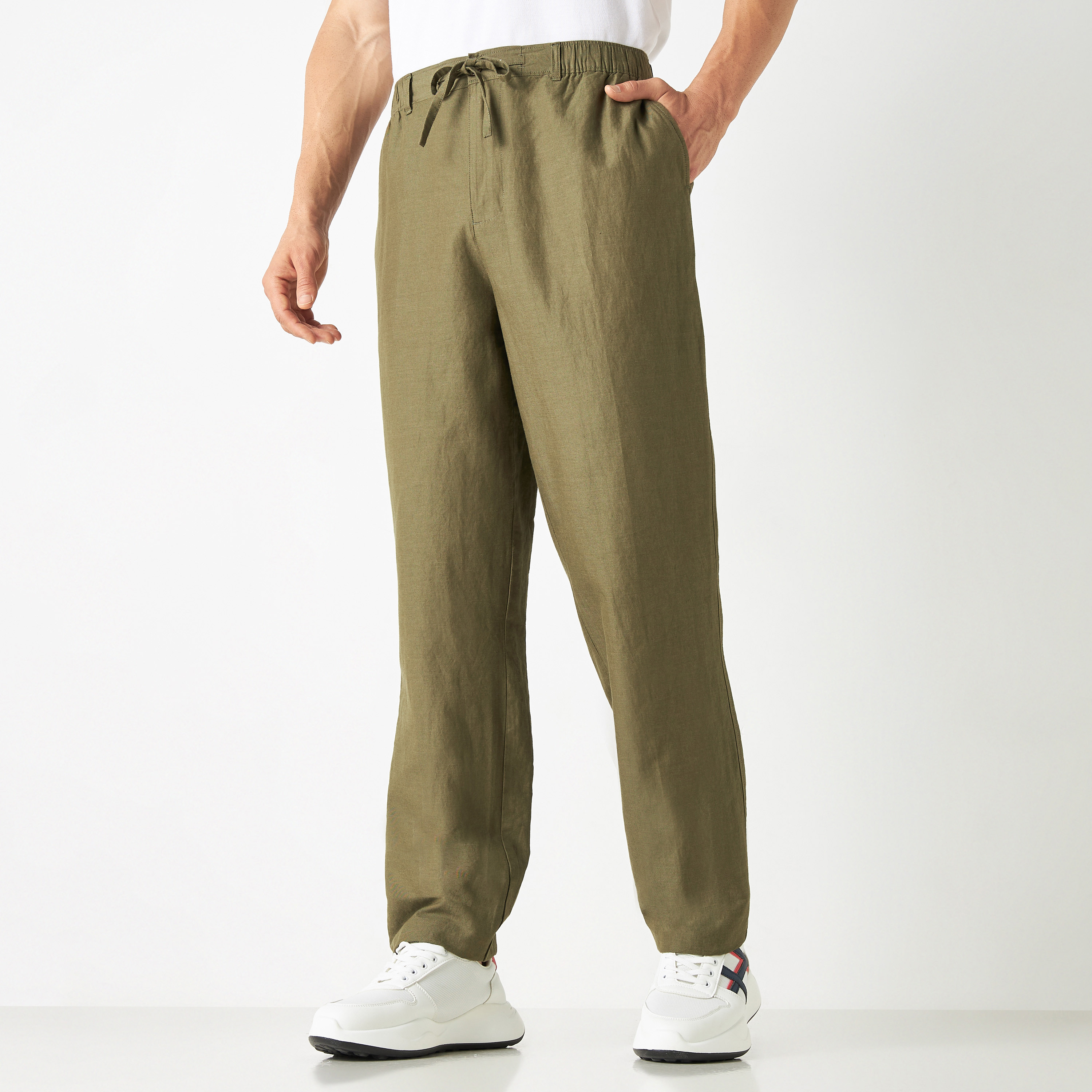 Linen Blend Pants with Button Closure and Pockets-men-clothing-bottoms-joggers-image-1