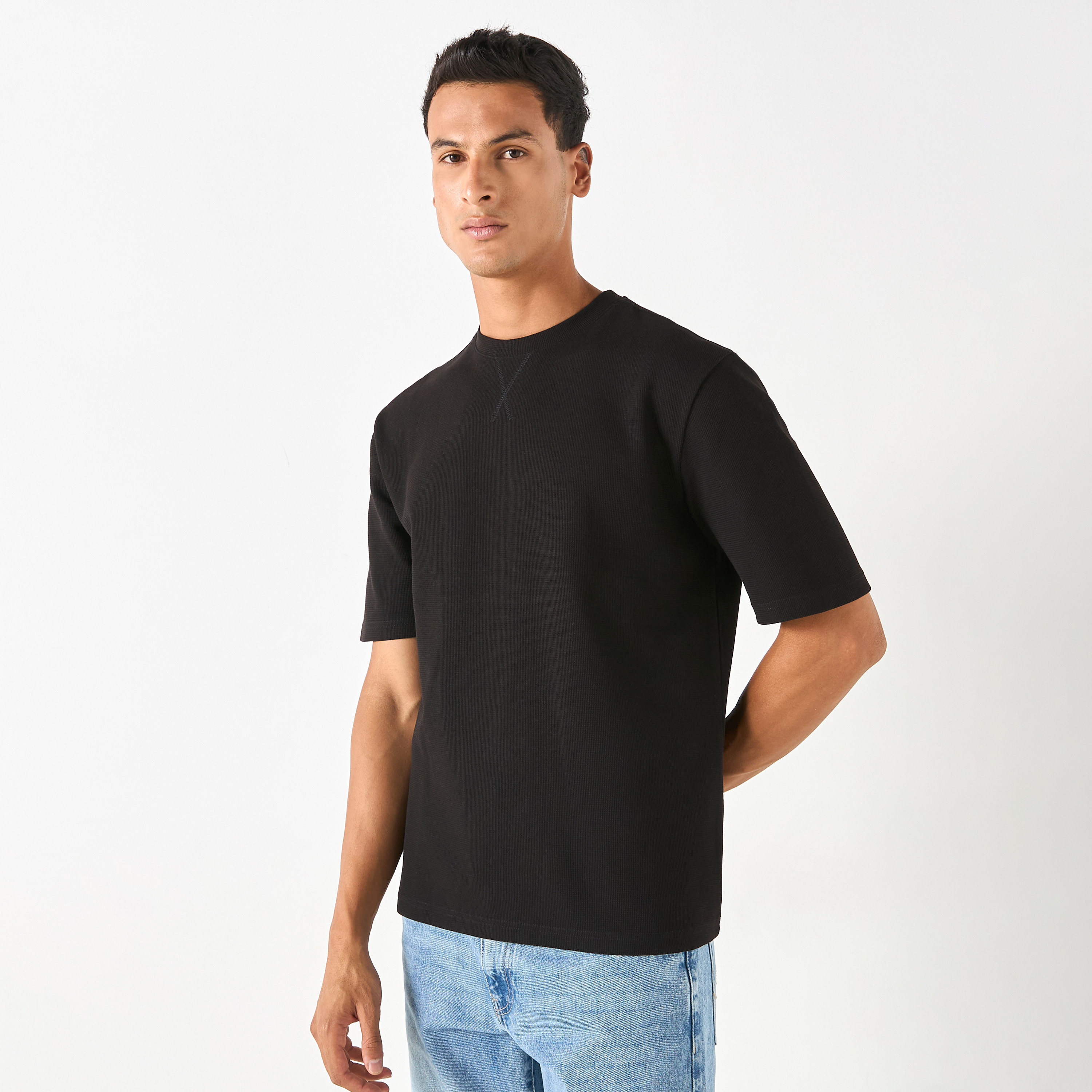 Shop Textured T-shirt with Crew Neck and Short Sleeves