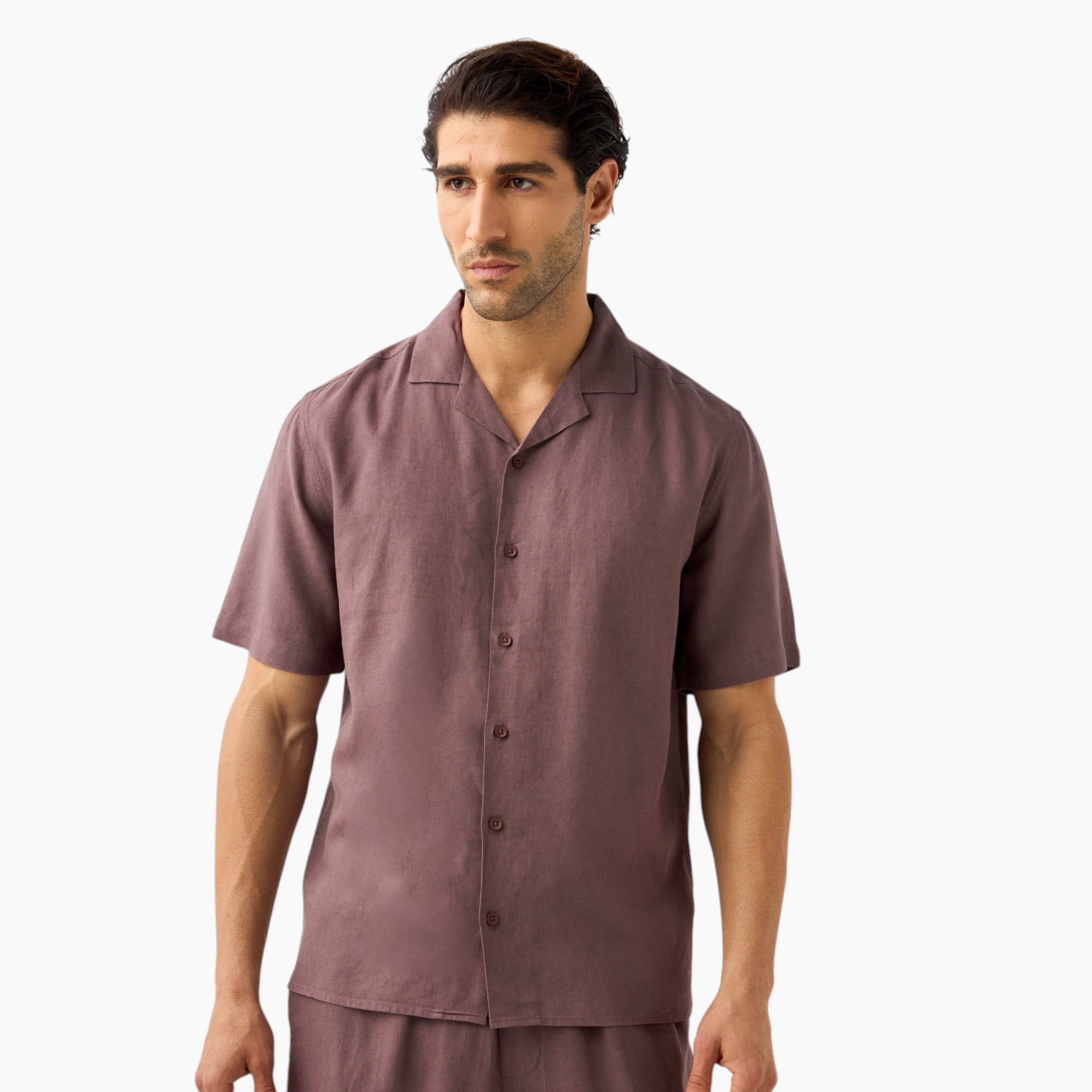 Shop Regular Fit Linen Blend Shirt with Short Sleeves Online ...