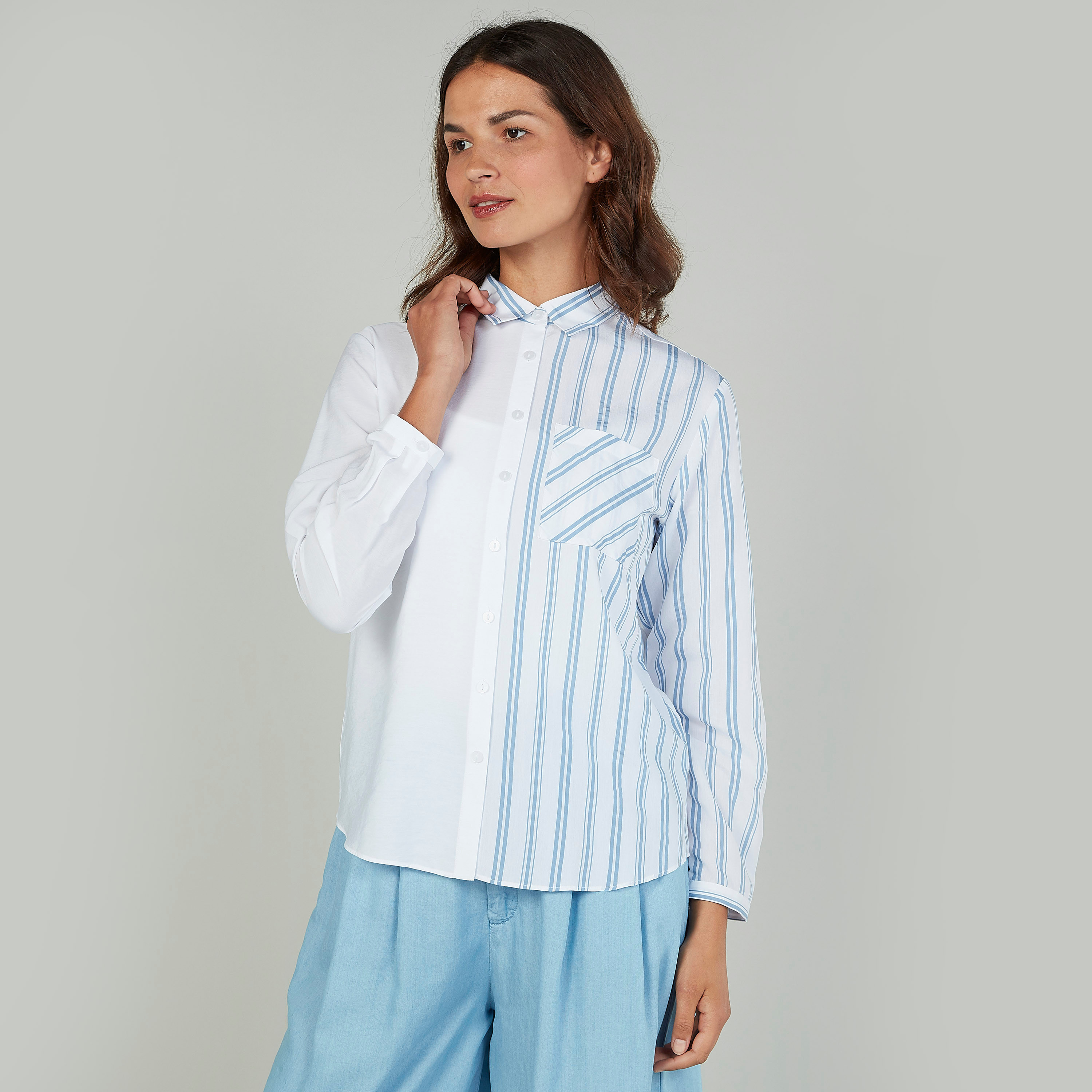 Bossini Stripe Detail Shirt with Long Sleeves and Chest Pocket-women-clothing-shirtsandblouses-shirts-image-1