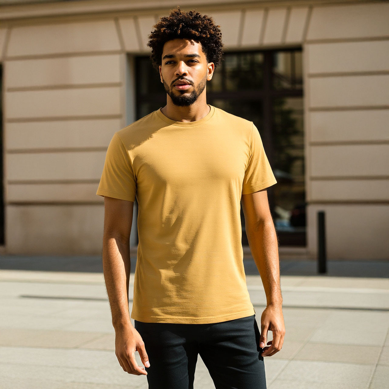 تيشيرت بقصة عادية وياقة ضيقة وأكمام قصيرة-men-clothing-tshirtsandpolos-tshirts-image-1