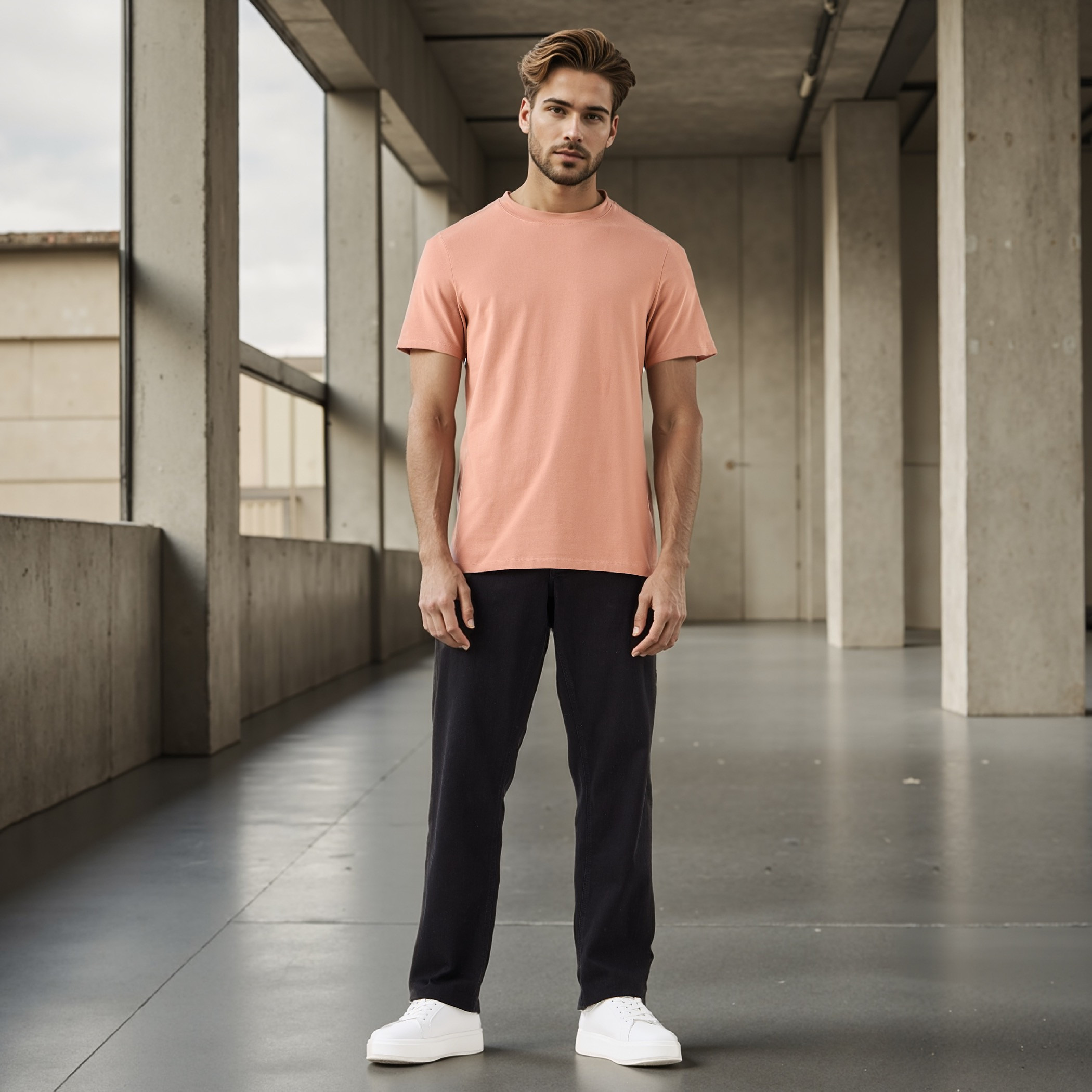 تيشيرت بقصة عادية وياقة ضيقة وأكمام قصيرة-men-clothing-tshirtsandpolos-tshirts-image-2