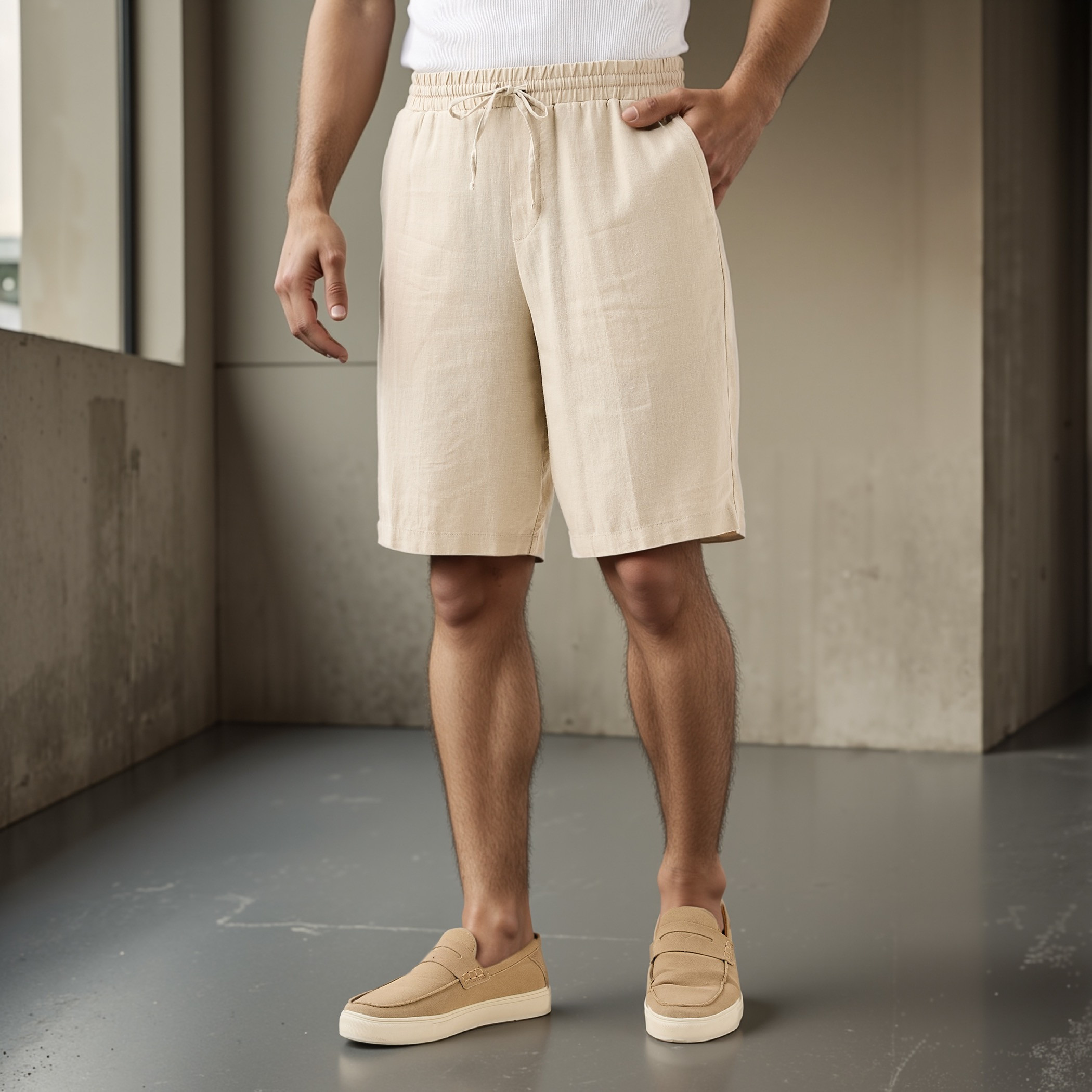 شورت من مزيج الكتان بقصّة عادية وخصر مطاطي-men-clothing-bottoms-shorts-image-1