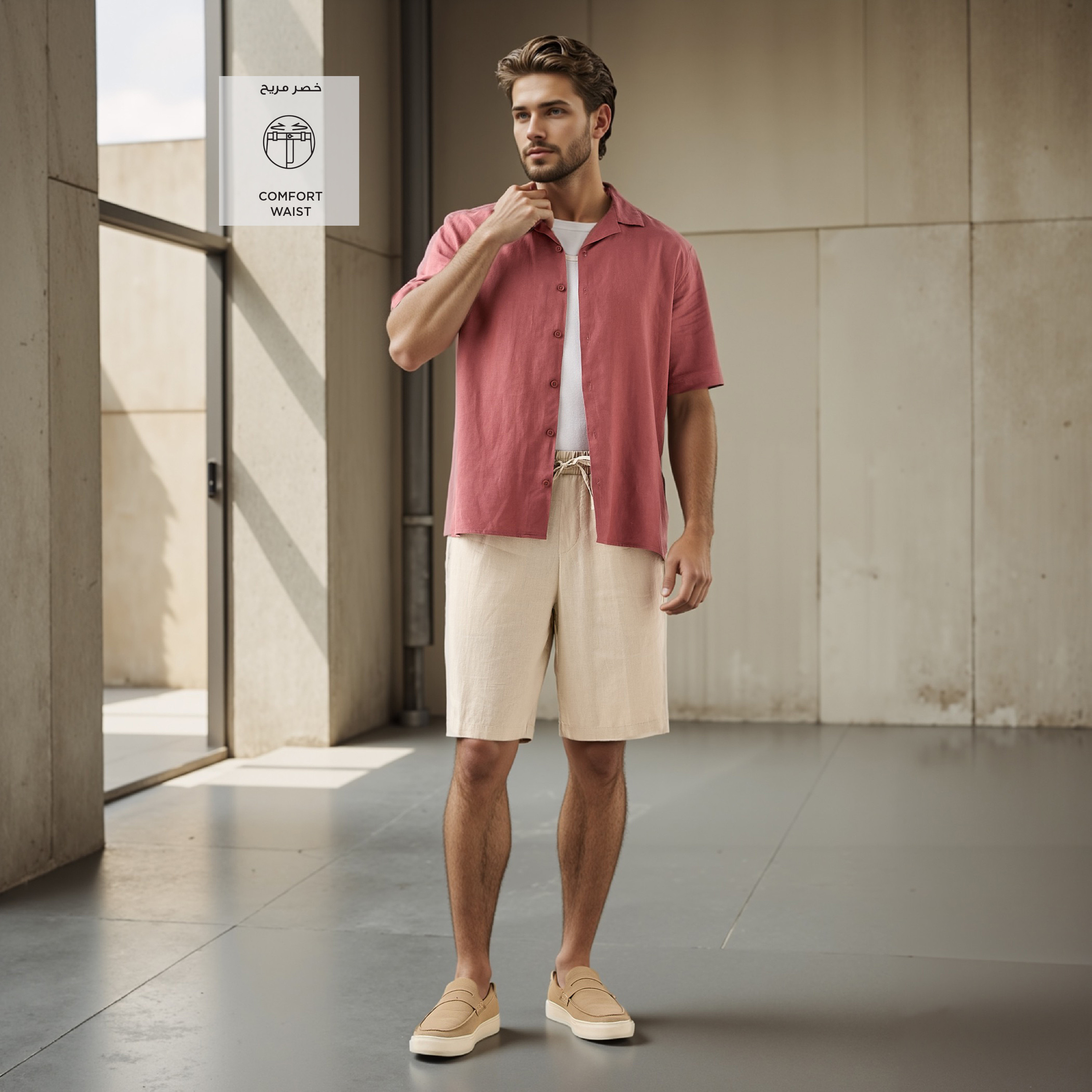 شورت من مزيج الكتان بقصّة عادية وخصر مطاطي-men-clothing-bottoms-shorts-image-2