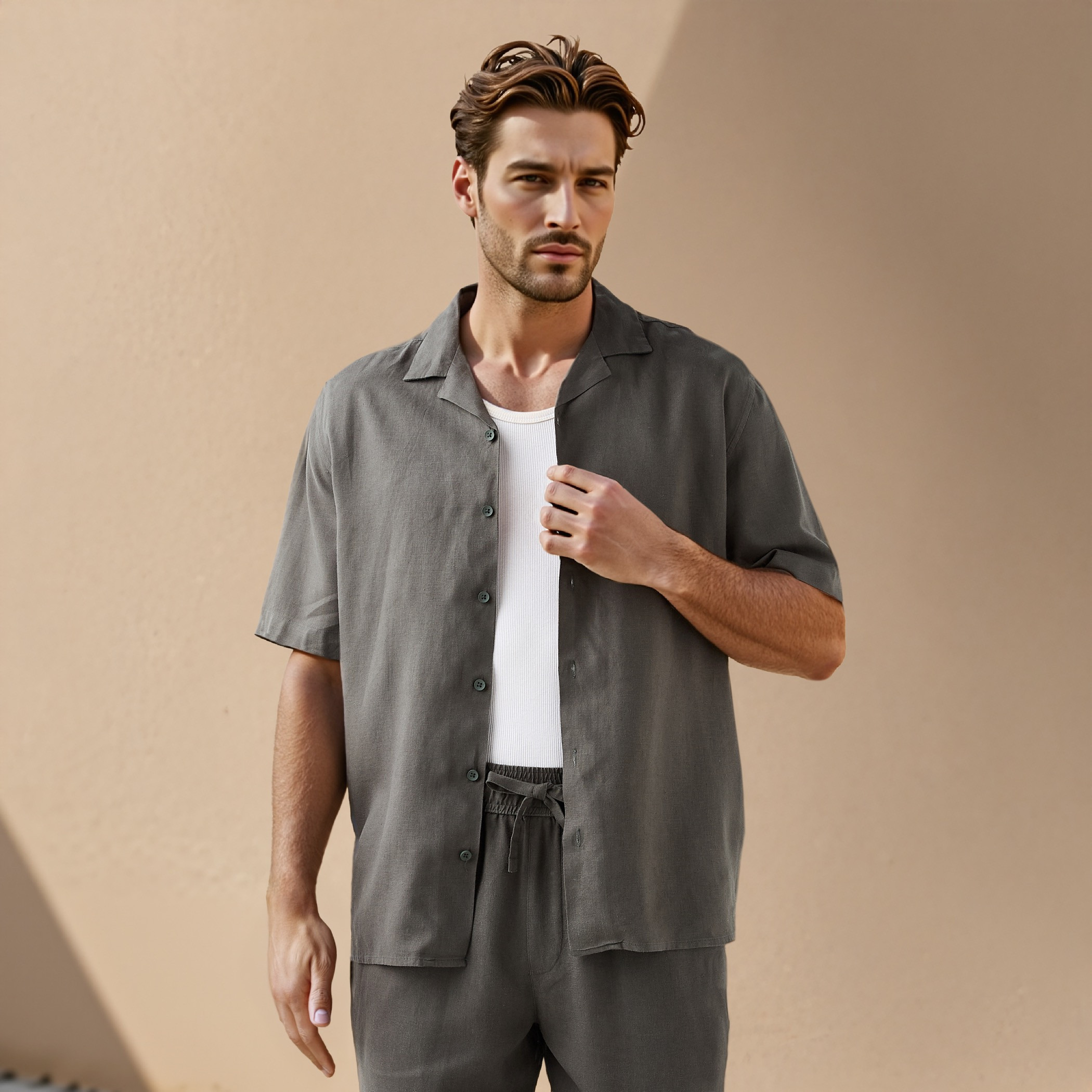 قميص منتجع بقصة عادية من مزيج الكتان-men-clothing-shirts-image-1
