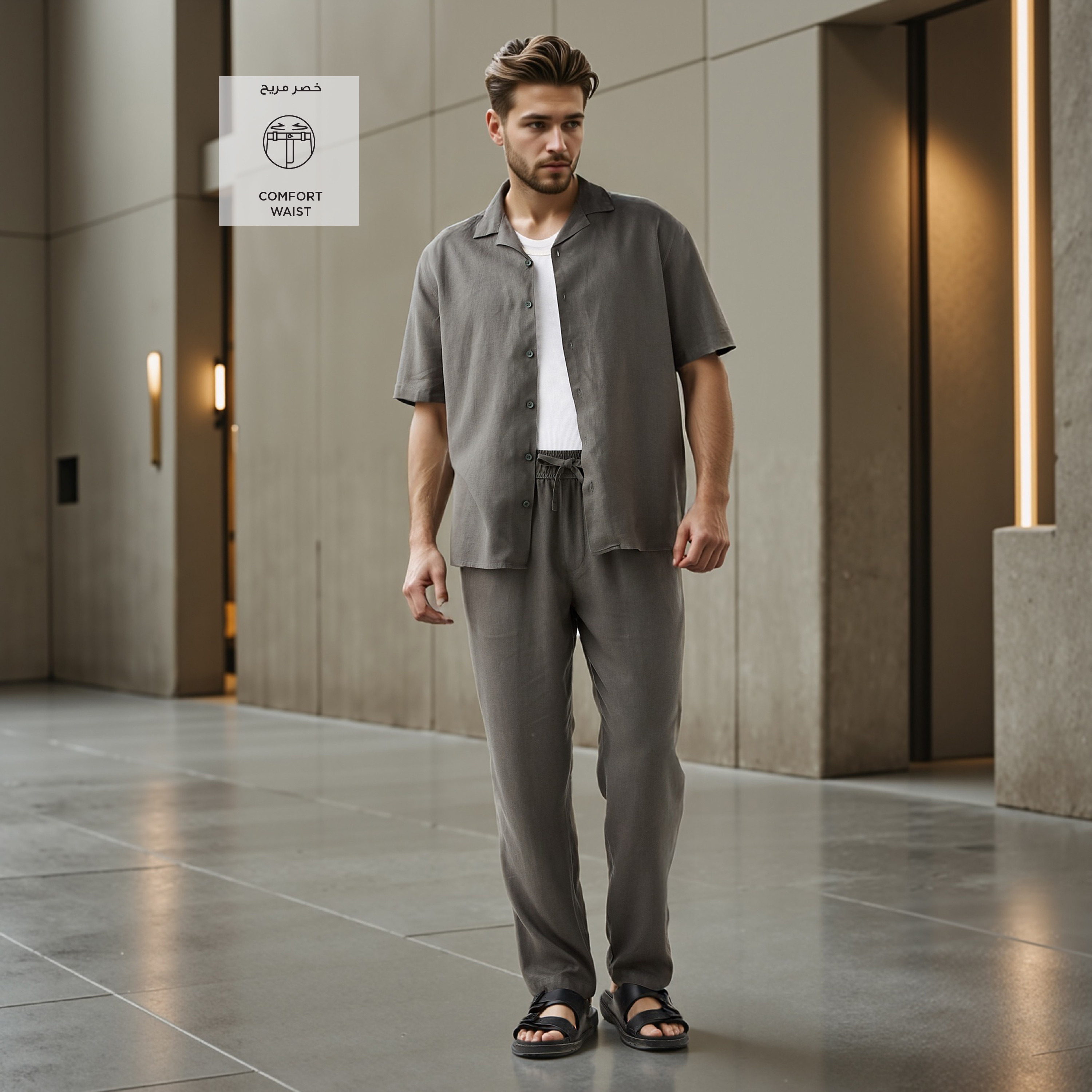 بنطلون من مزيج الكتان بقصّة مريحة وخصر مطاطي وجيوب-men-clothing-bottoms-trousersandchinos-trousers-image-2