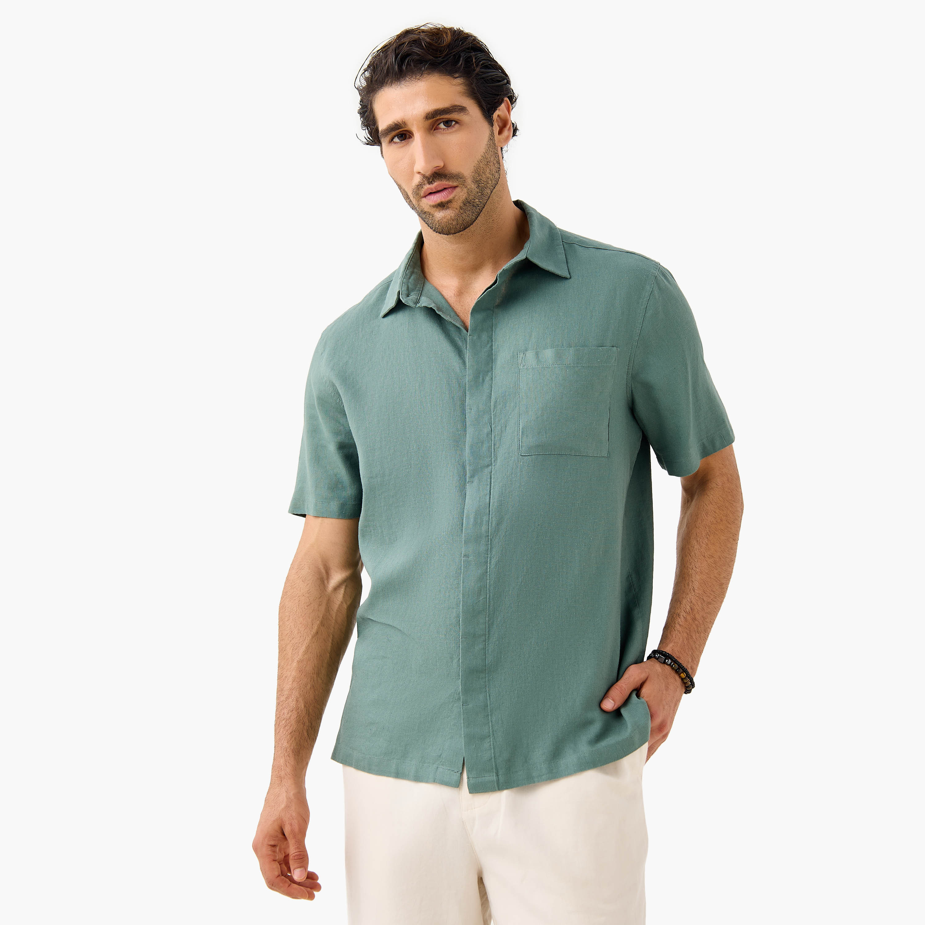 Regular Fit Linen Blend Collared Shirt with Chest Pocket-men-clothing-shirts-image-1