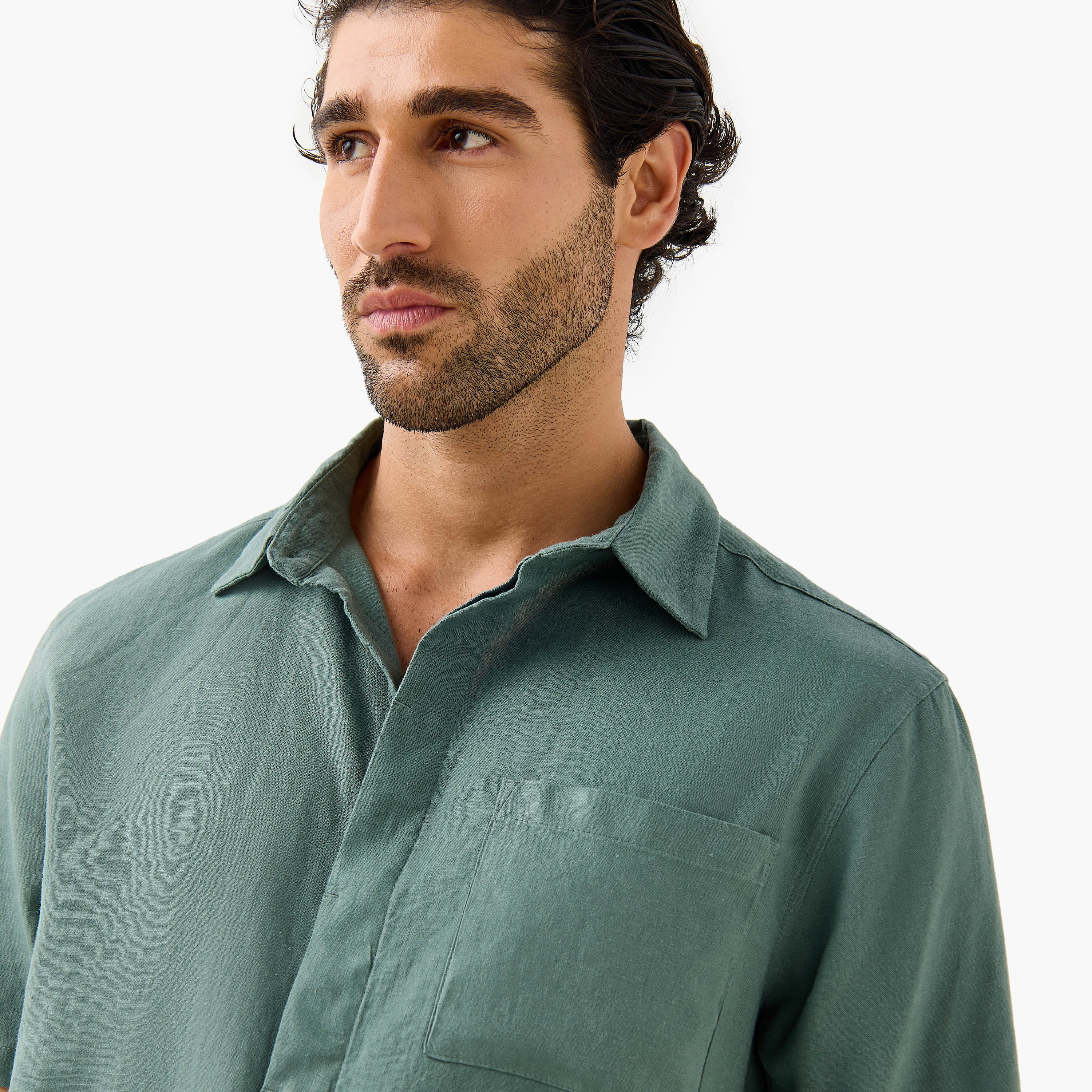 Regular Fit Linen Blend Collared Shirt with Chest Pocket-men-clothing-shirts-image-4