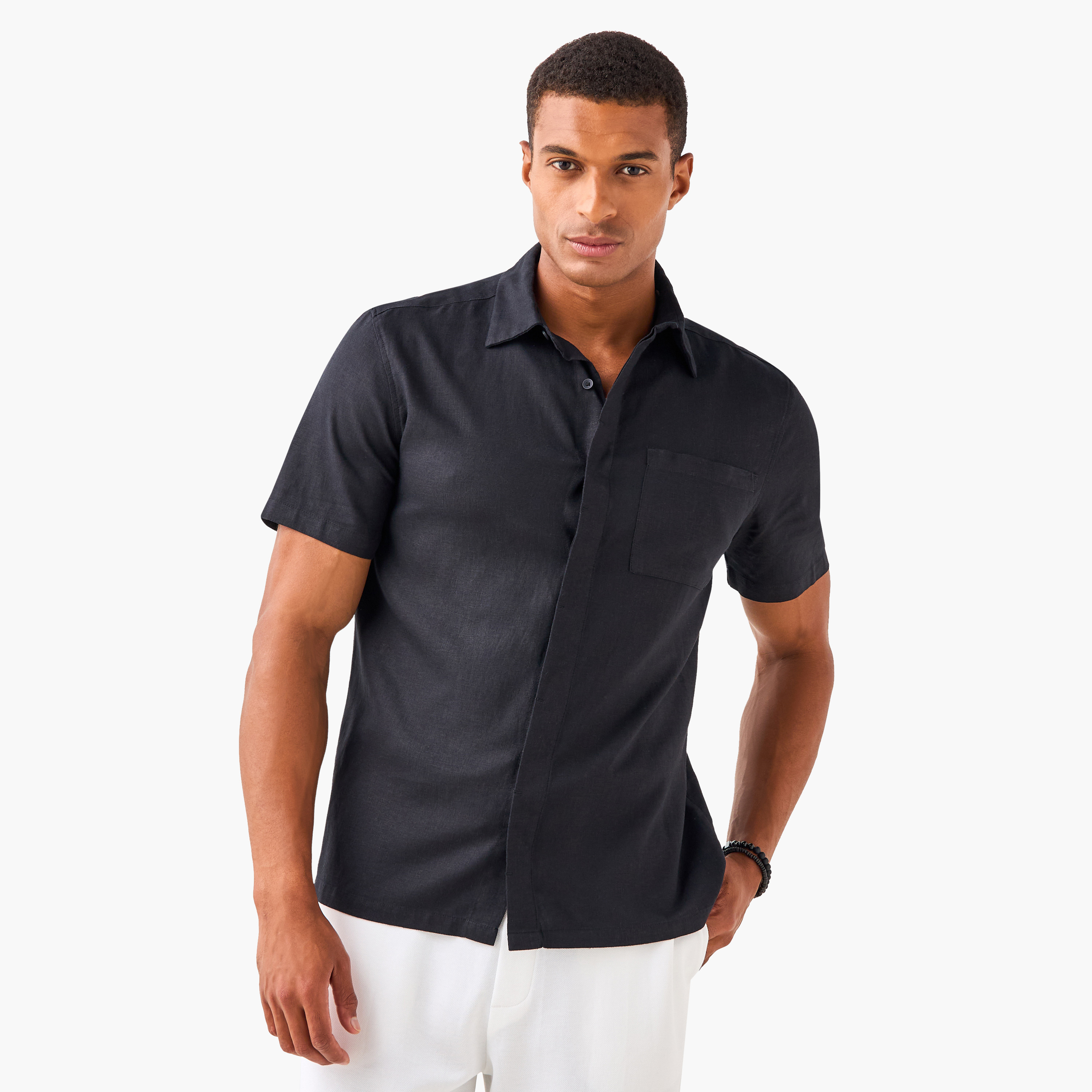 Regular Fit Linen Blend Collared Shirt with Chest Pocket-men-clothing-shirts-image-1