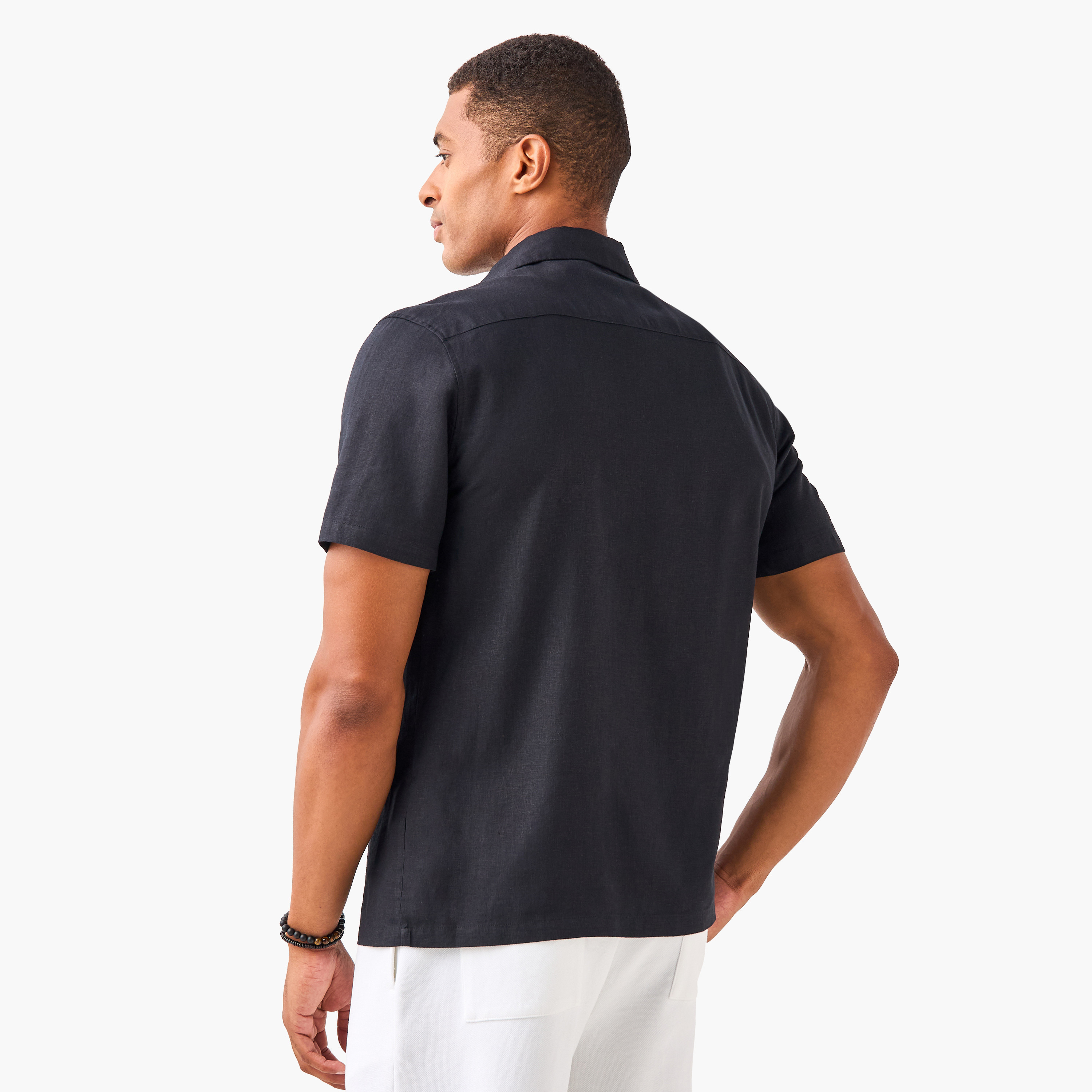 Regular Fit Linen Blend Collared Shirt with Chest Pocket-men-clothing-shirts-image-3