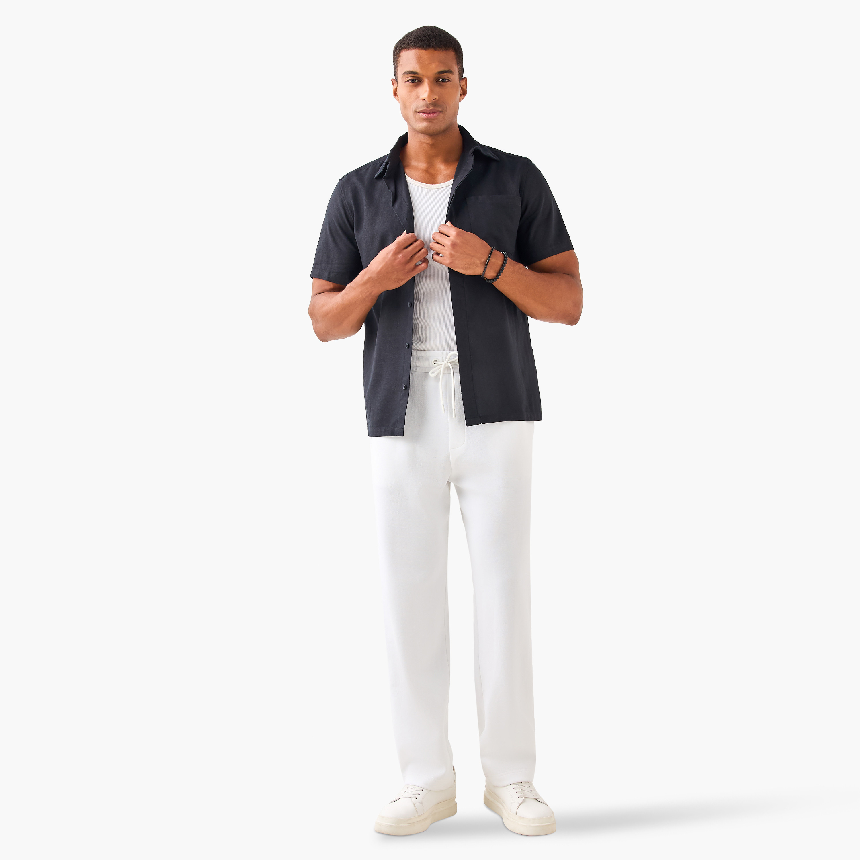 Regular Fit Linen Blend Collared Shirt with Chest Pocket-men-clothing-shirts-image-2