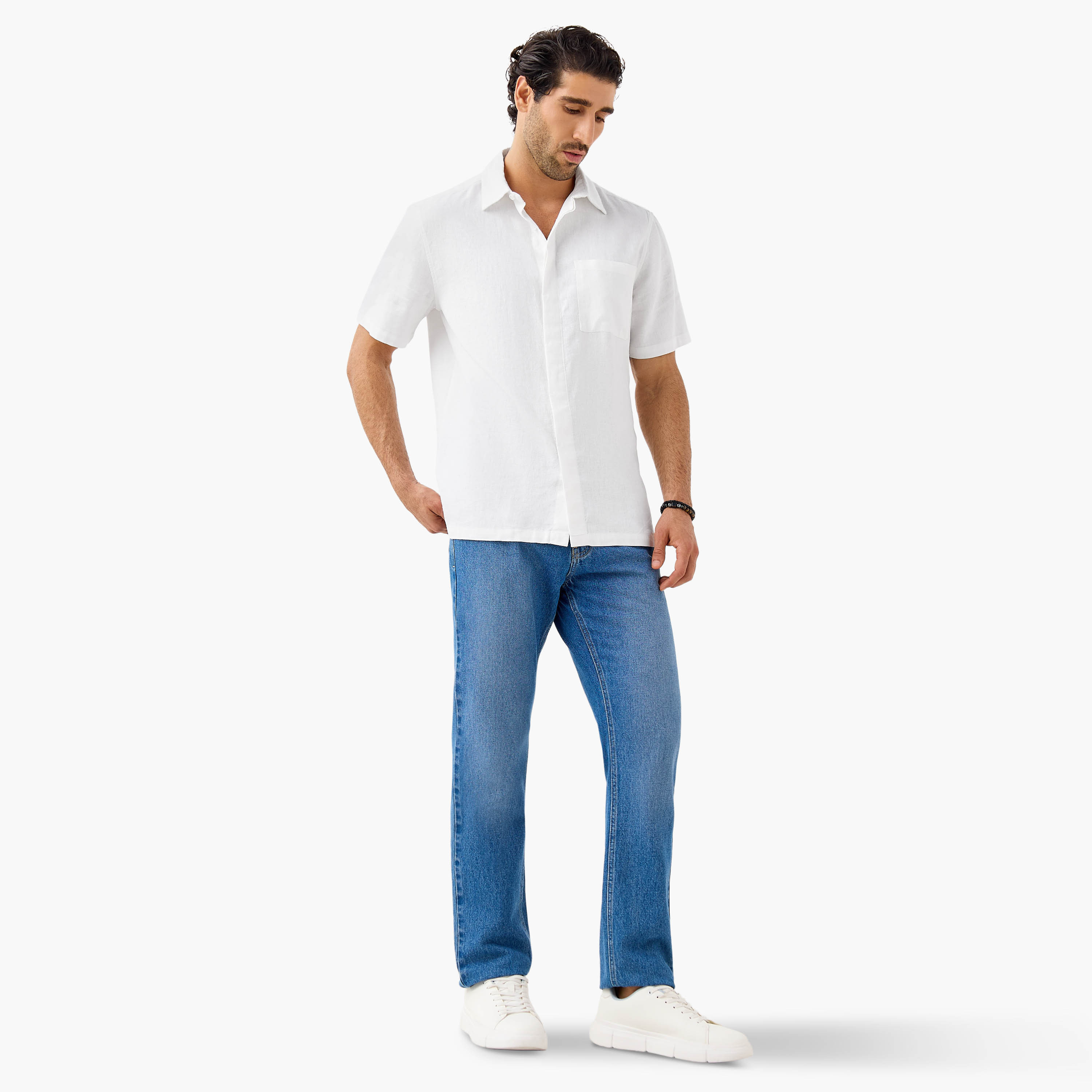 Regular Fit Linen Blend Collared Shirt with Chest Pocket-men-clothing-shirts-image-2