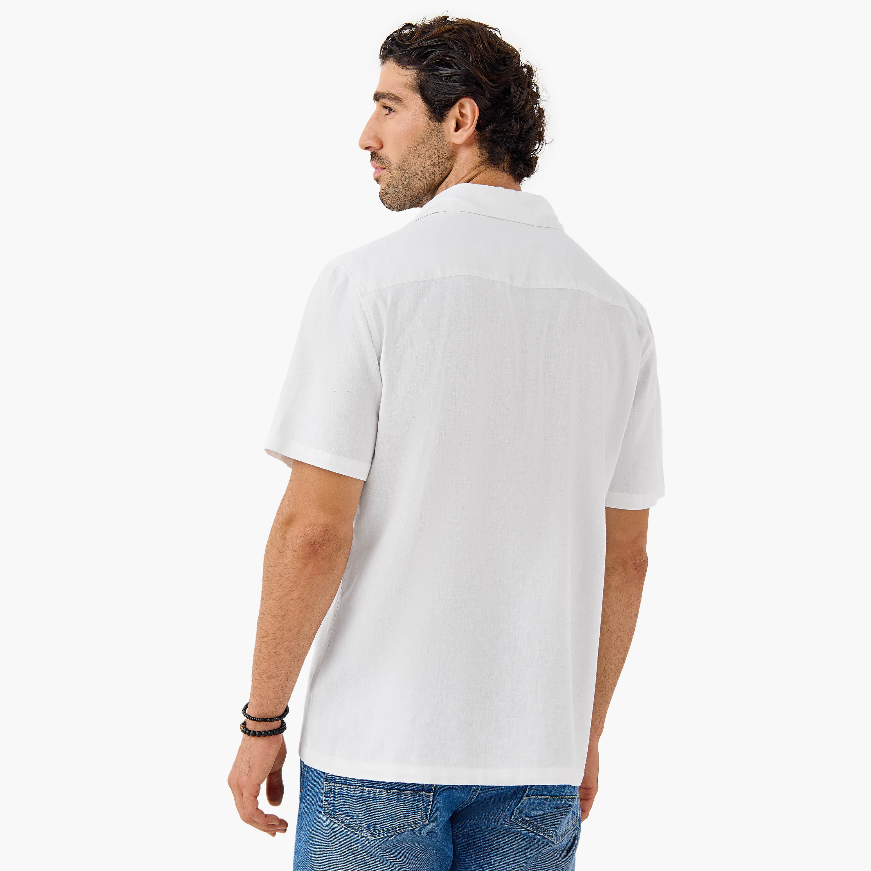 Regular Fit Linen Blend Collared Shirt with Chest Pocket-men-clothing-shirts-image-3