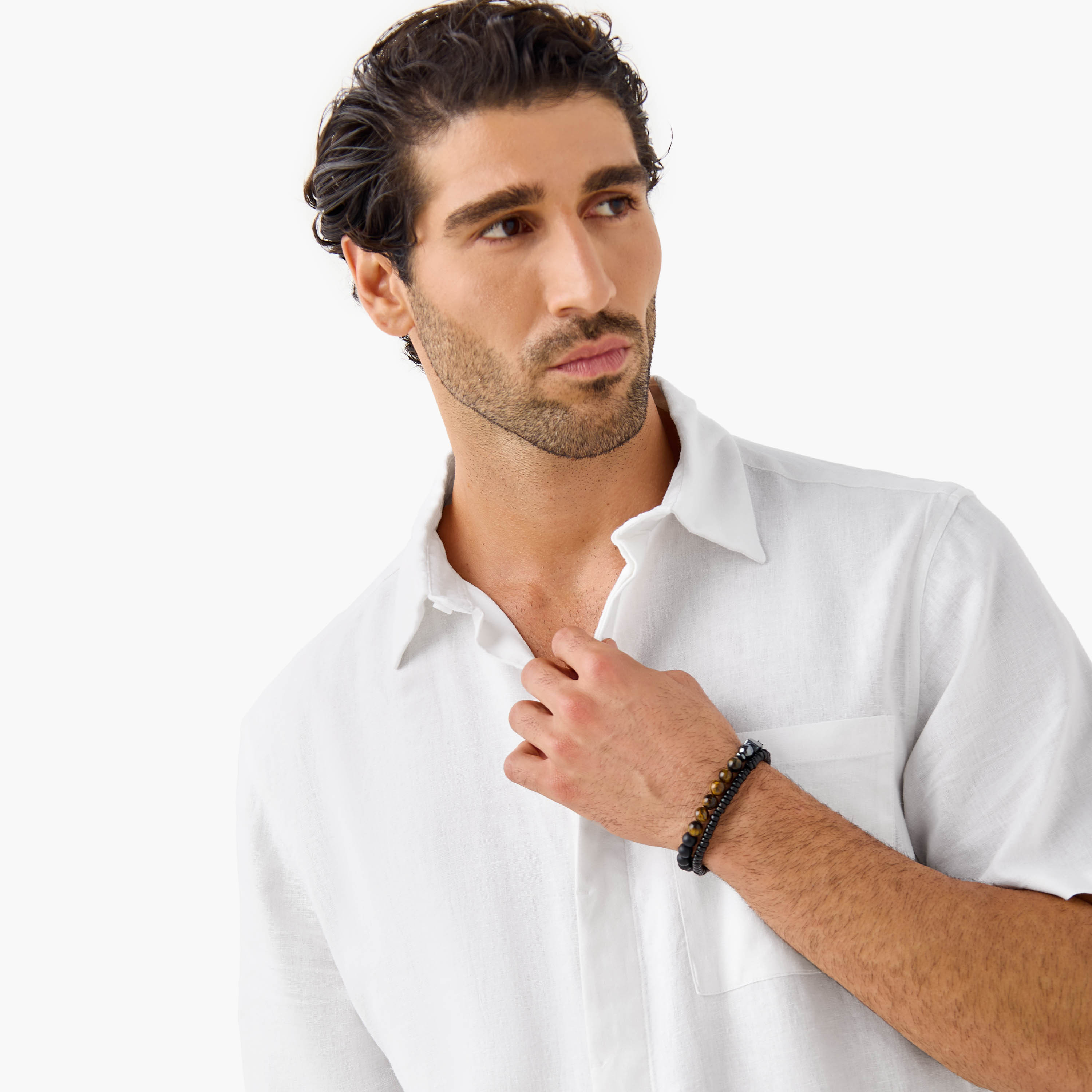 قميص من مزيج الكتان بياقة وقصة عادية وجيب على الصدر-men-clothing-shirts-image-9