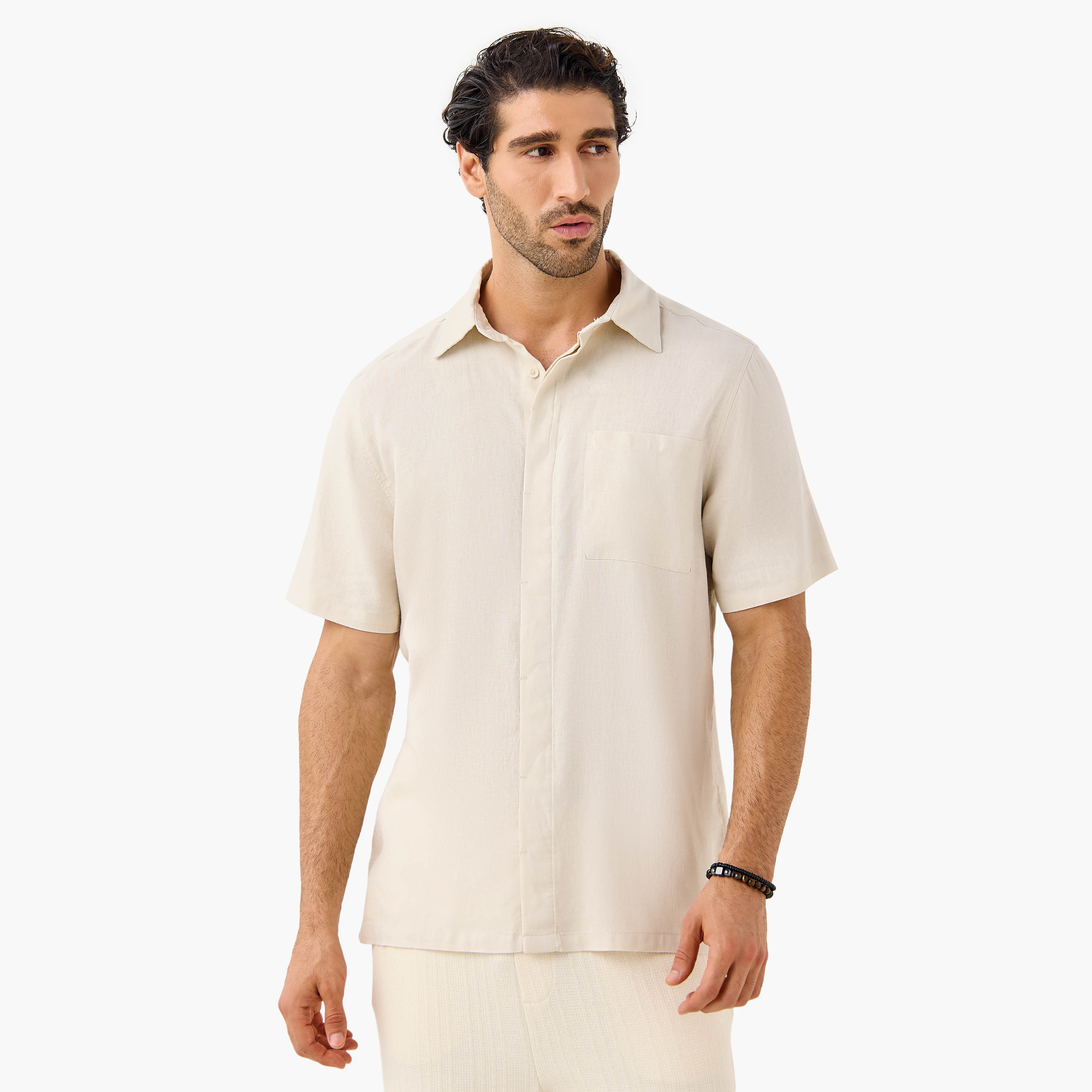 Regular Fit Linen Blend Collared Shirt with Chest Pocket-men-clothing-shirts-image-1