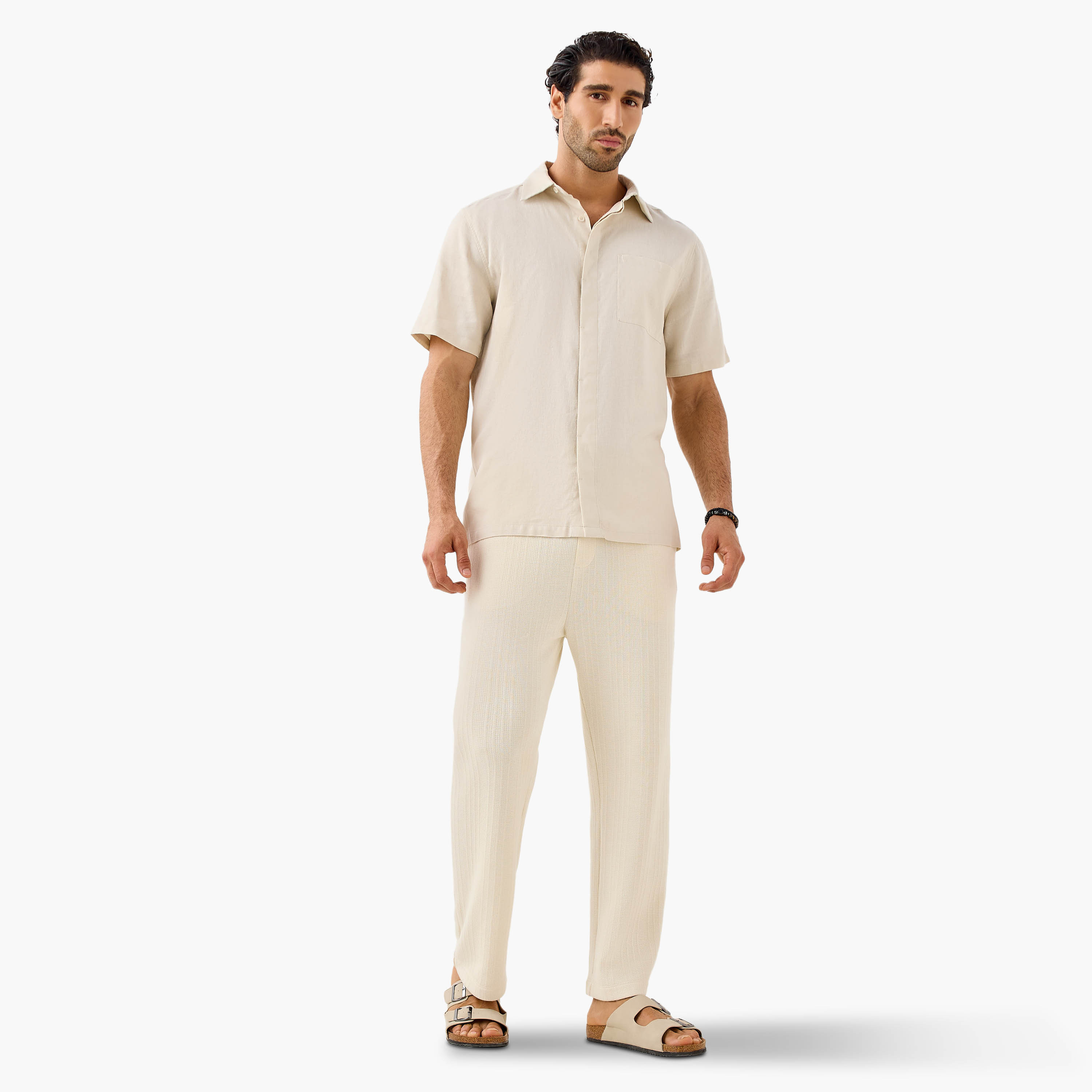 Regular Fit Linen Blend Collared Shirt with Chest Pocket-men-clothing-shirts-image-2