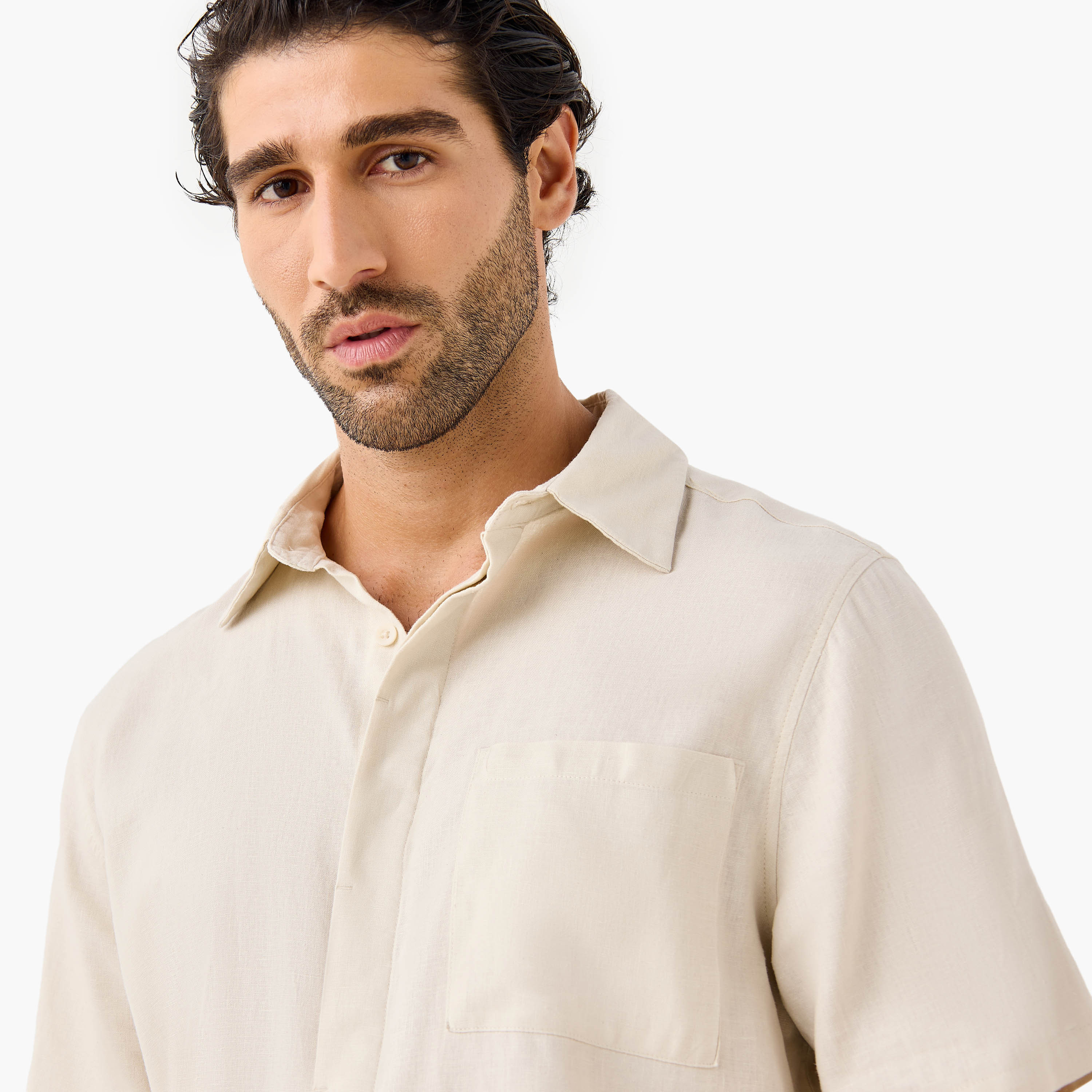 Regular Fit Linen Blend Collared Shirt with Chest Pocket-men-clothing-shirts-image-4