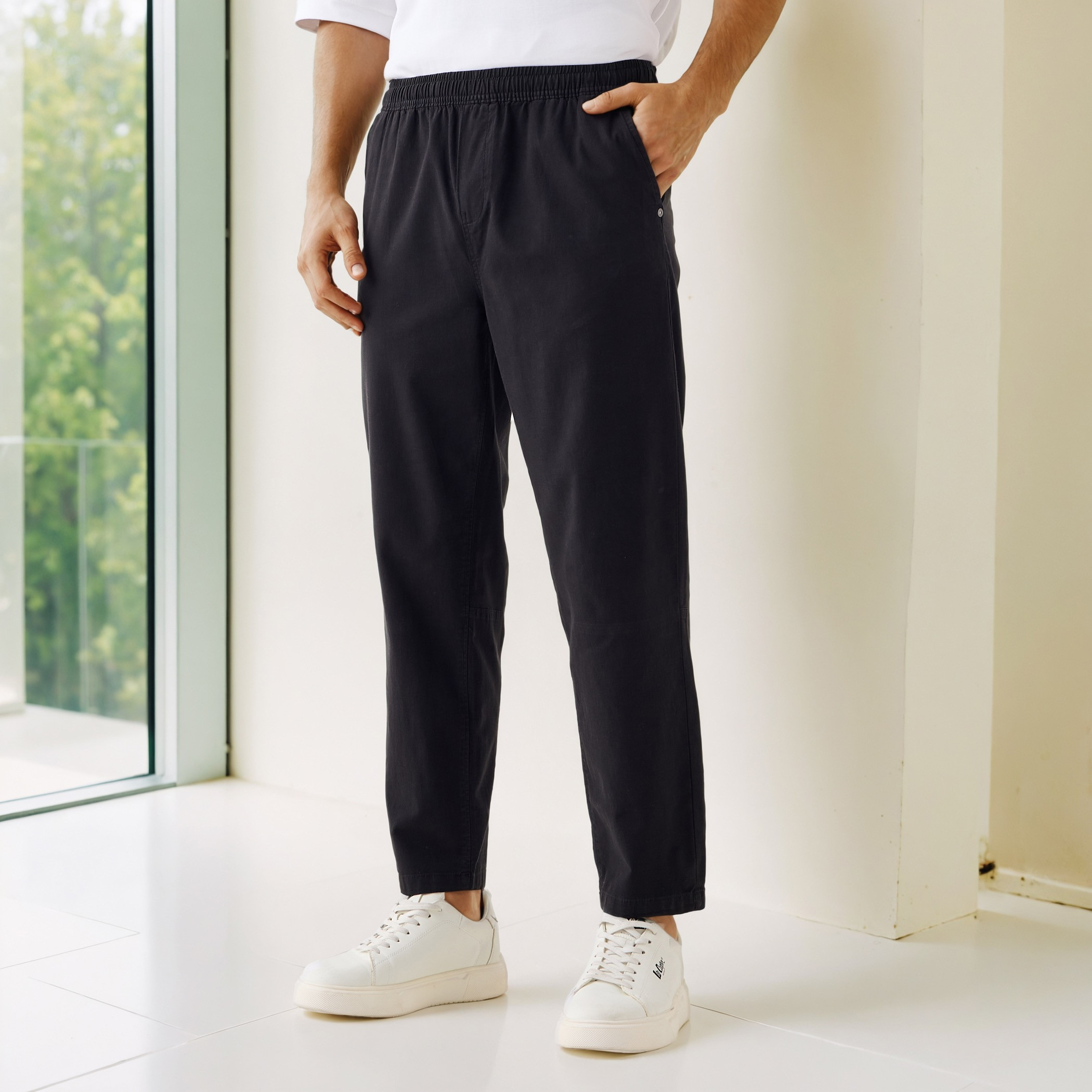 Regular Fit Flexi Waist Trousers with Pockets-men-clothing-bottoms-trousersandchinos-trousers-image-1