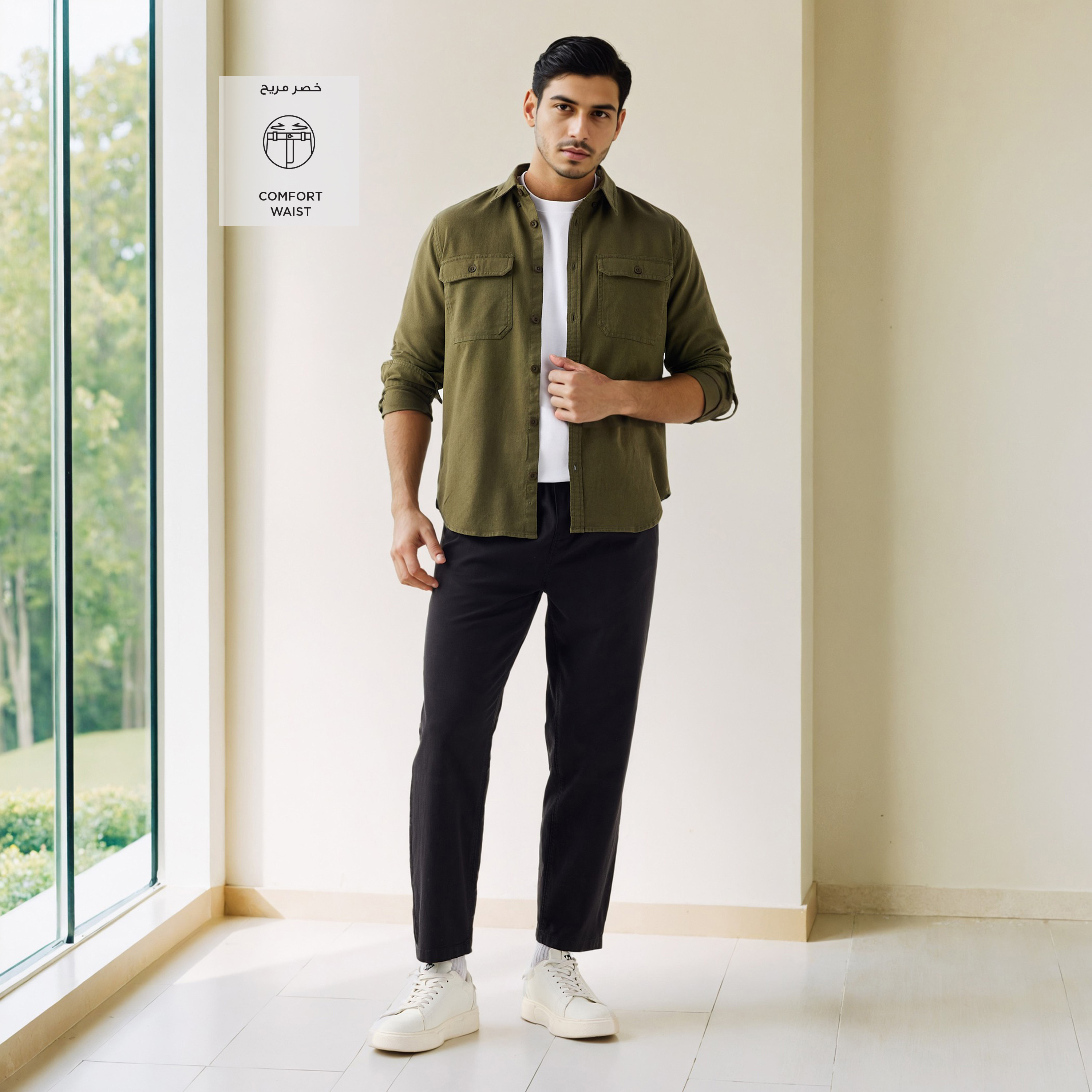 Regular Fit Flexi Waist Trousers with Pockets-men-clothing-bottoms-trousersandchinos-trousers-image-2