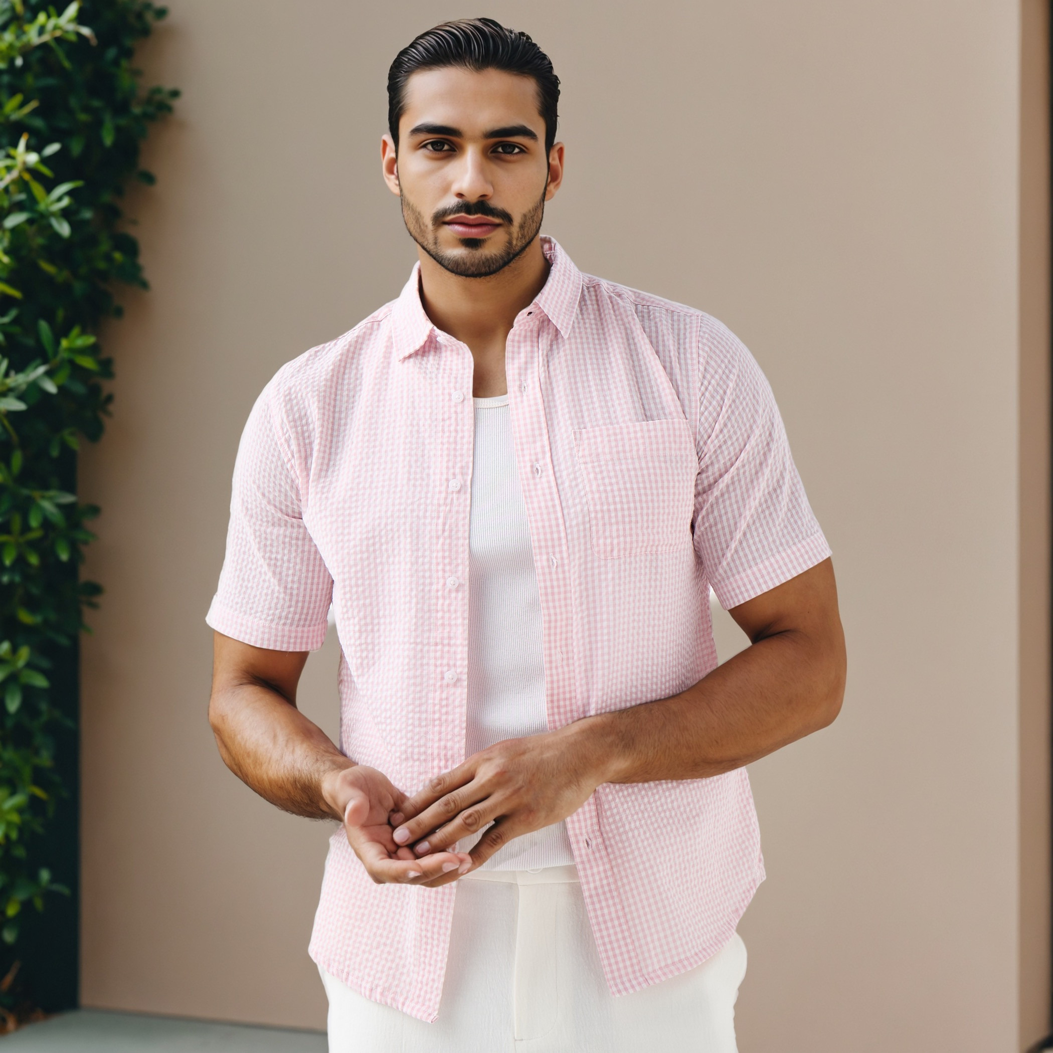 Regular Fit Checked Seersucker Shirt with Collar-men-clothing-shirts-image-1