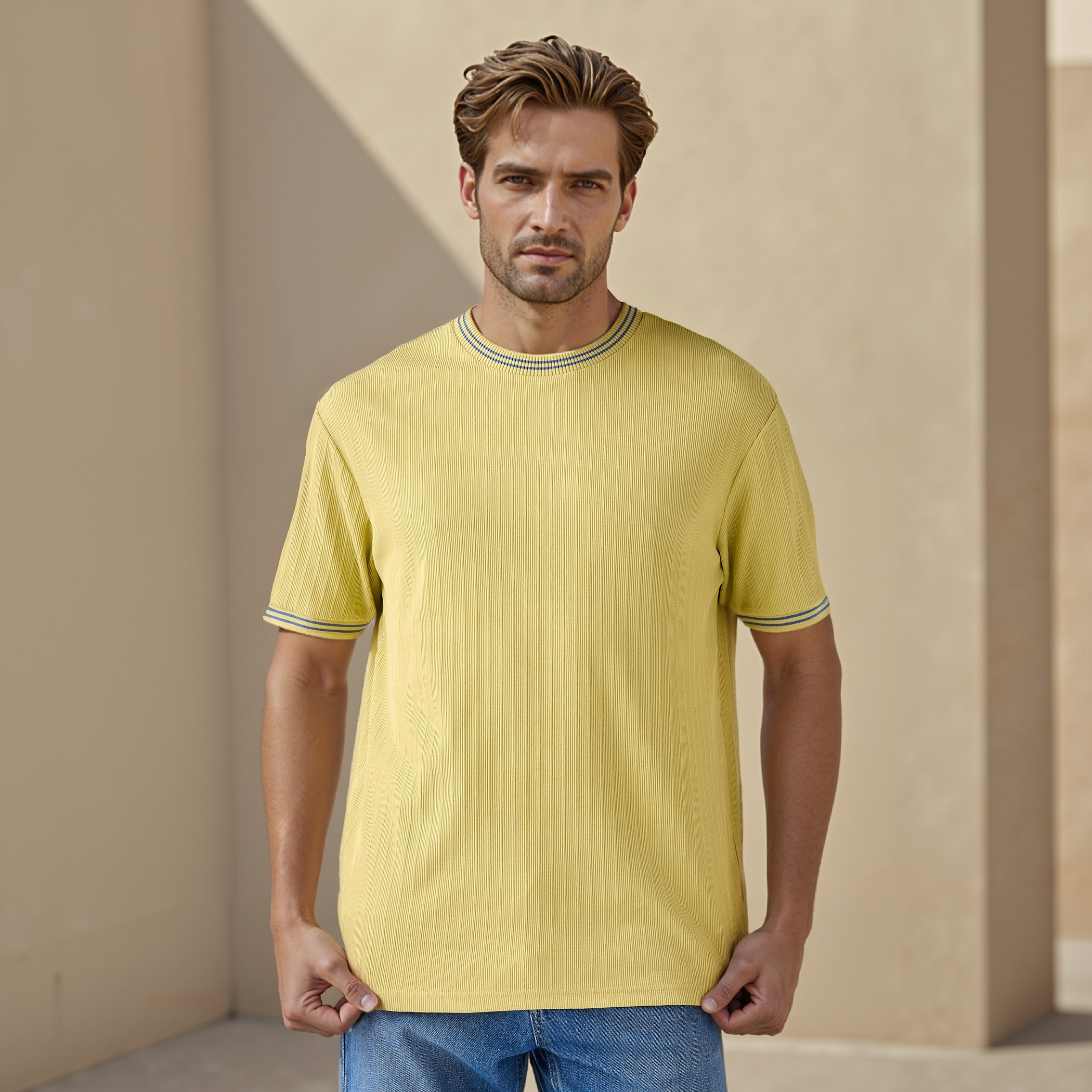 تيشيرت مضلع بياقة ضيقة-men-clothing-tshirtsandpolos-tshirts-image-1