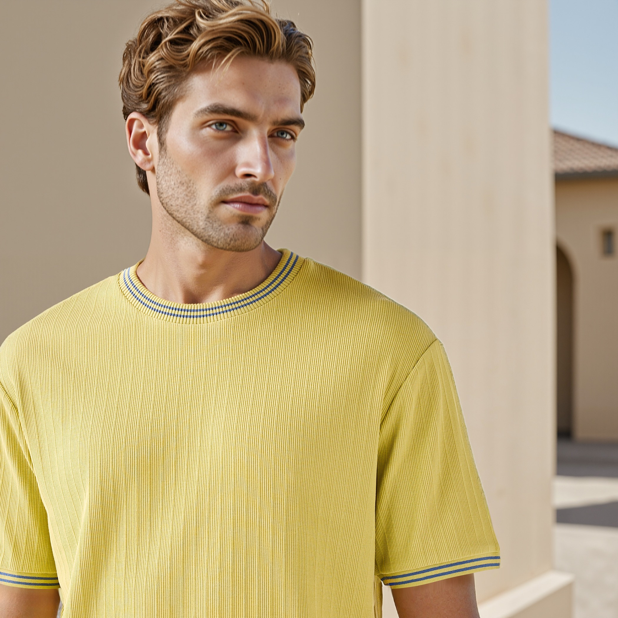 تيشيرت مضلع بياقة ضيقة-men-clothing-tshirtsandpolos-tshirts-image-4