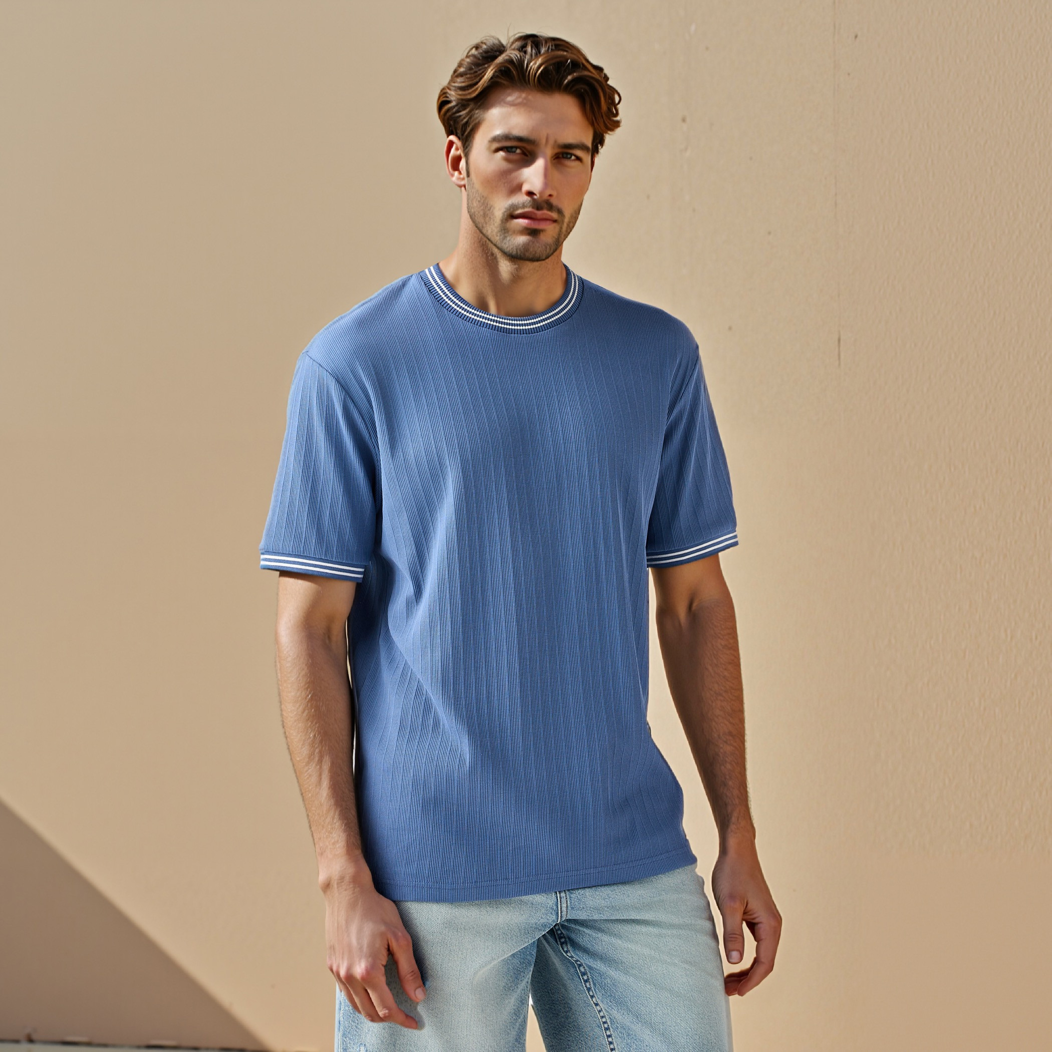 تيشيرت مضلع بياقة ضيقة-men-clothing-tshirtsandpolos-tshirts-image-1