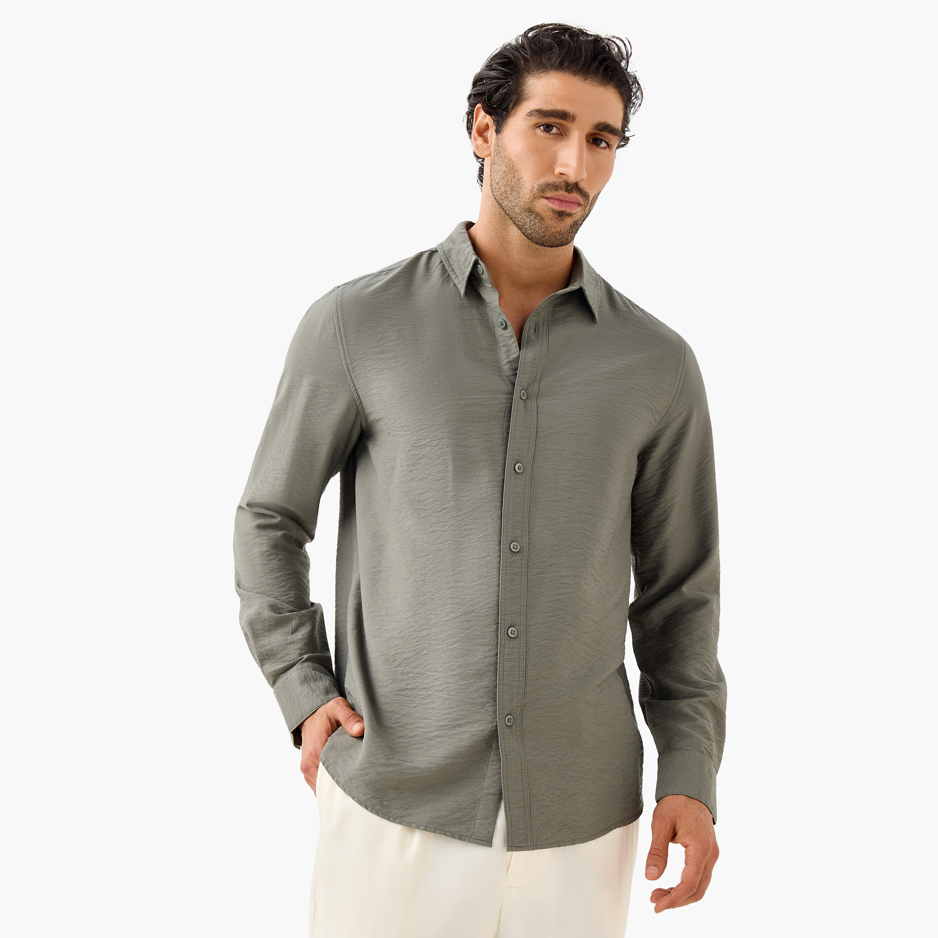 Regular Fit Crinkle Textured Collared Shirt-men-clothing-shirts-image-1